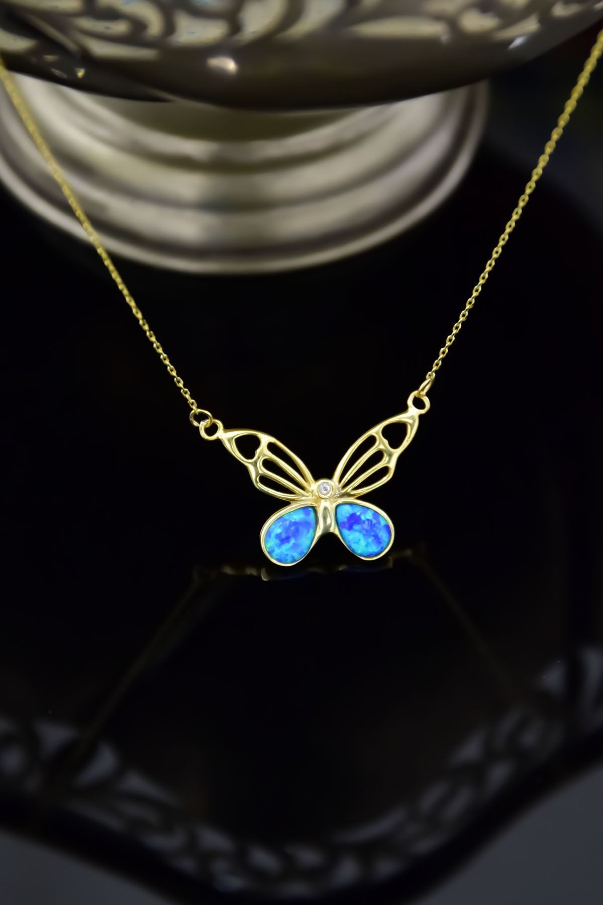 Gümüş Gold Kaplama Opal Taşlı Kelebek Kolye