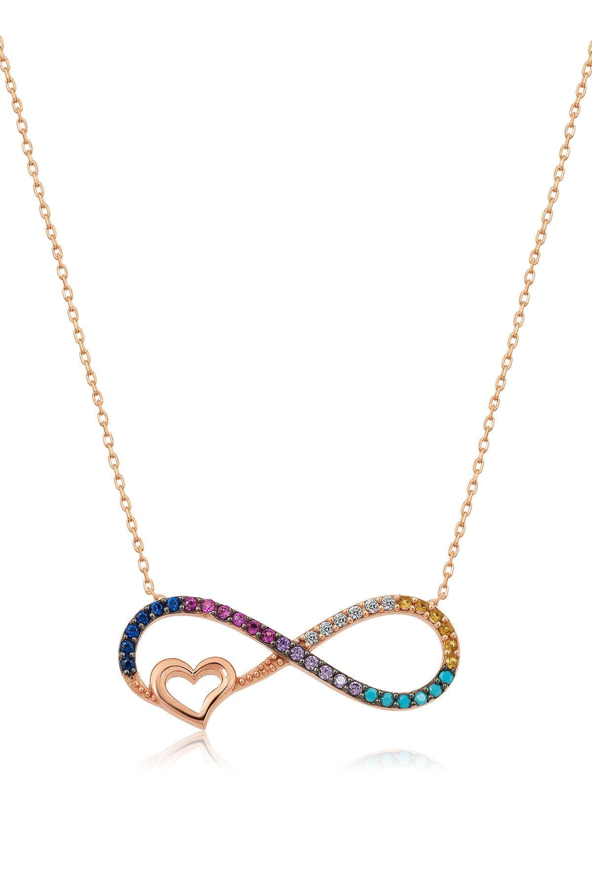 Gümüş Sonsuza Dek Kalbimdesin Renkli Nano Taşlı Sonsuzluk-Kalp Kolye UVPS100025