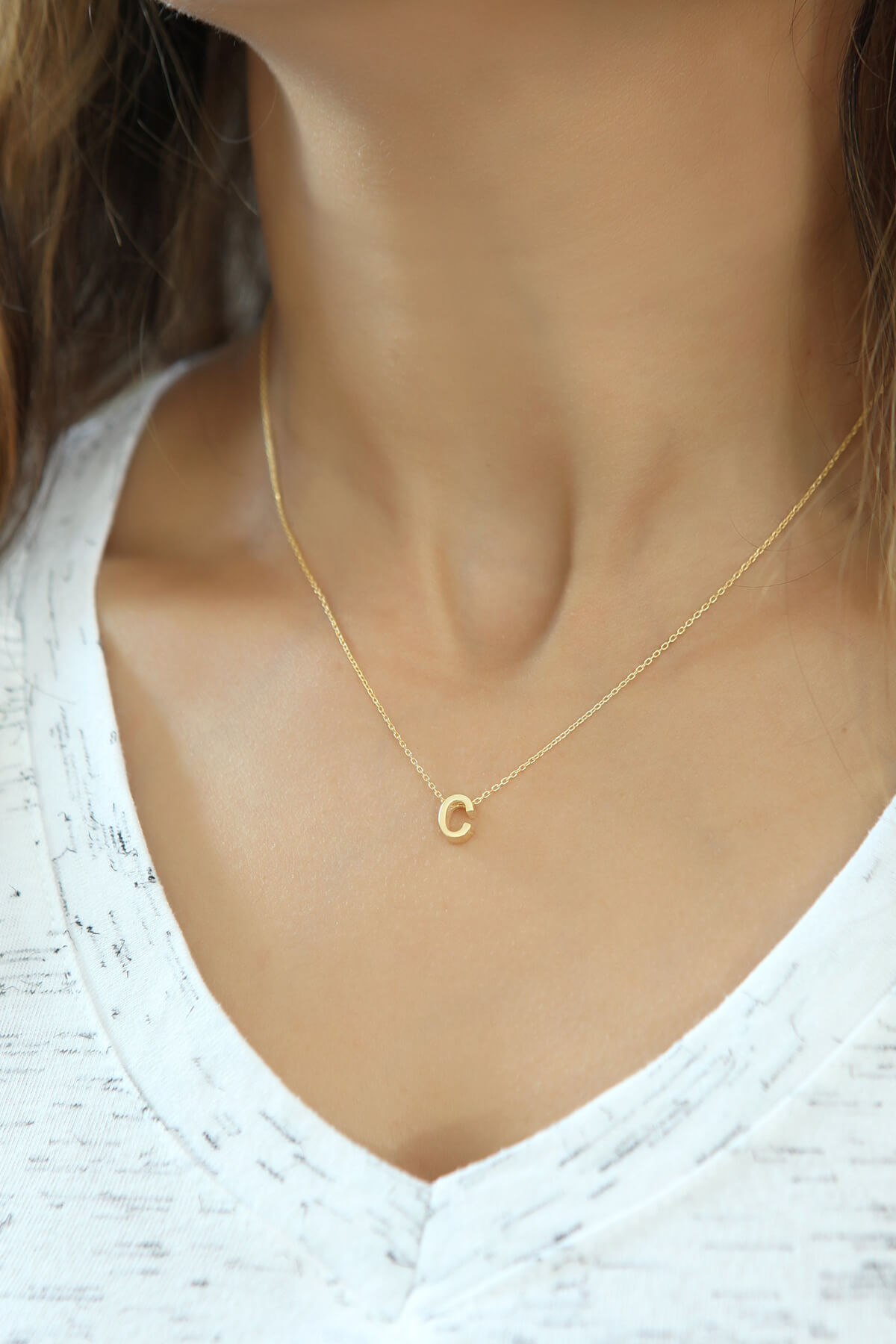 Harf Kolye Üç Boyutlu C Harfi Altın Kaplama 925 Ayar Gümüş