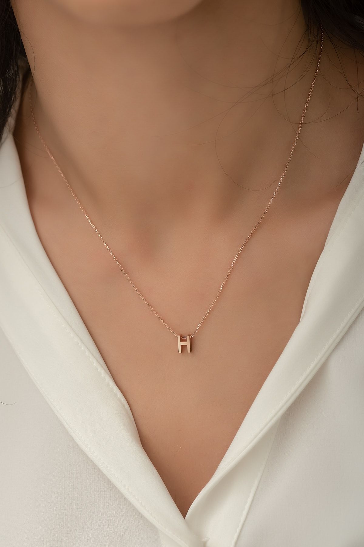 Harf Kolye. Üç Boyutlu H Harfi. Rose Altın Kaplama 925 Ayar Gümüş - Uvps100079