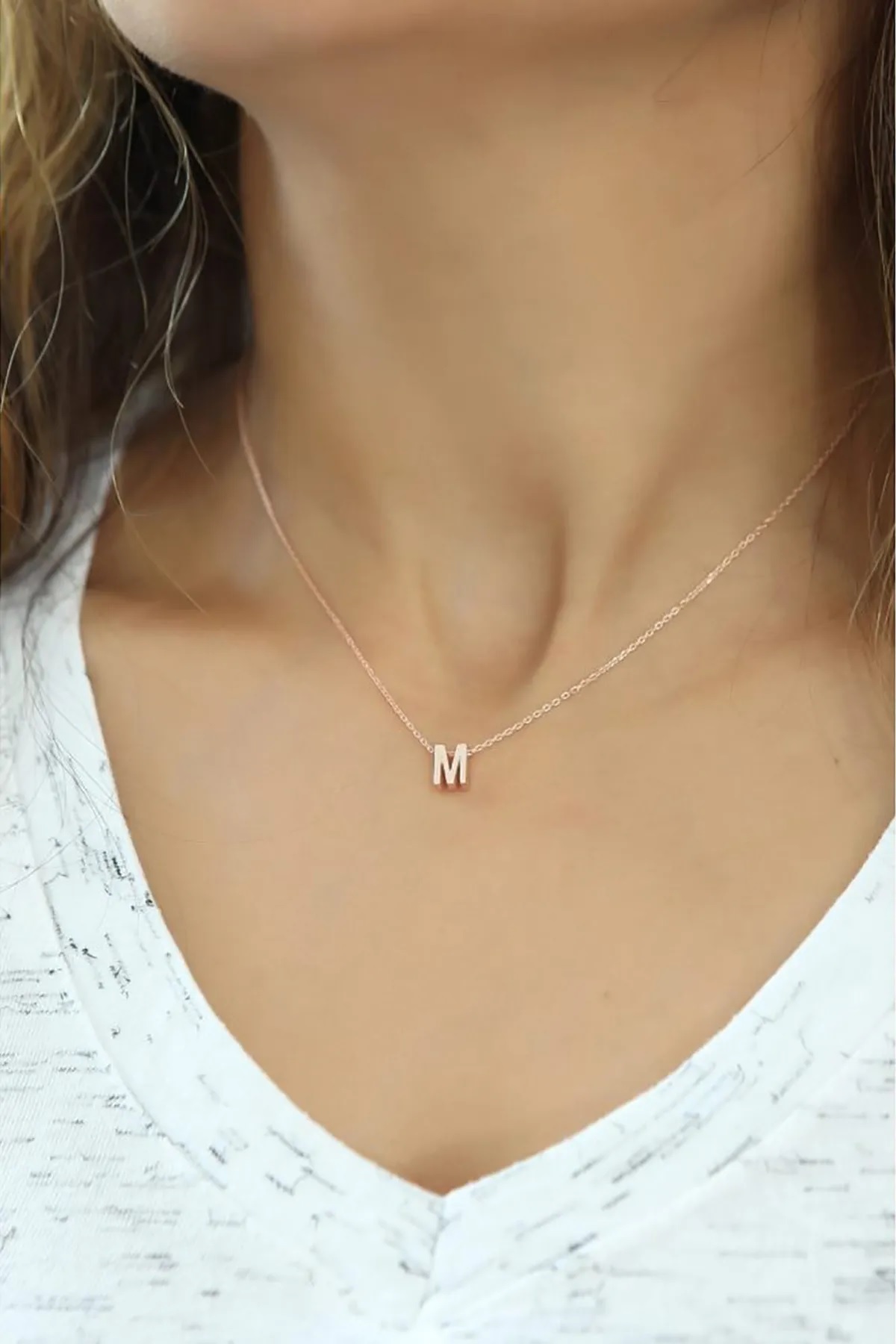 Harf Kolye Üç Boyutlu M Harfi Rose Altın Kaplama 925 Ayar Gümüş