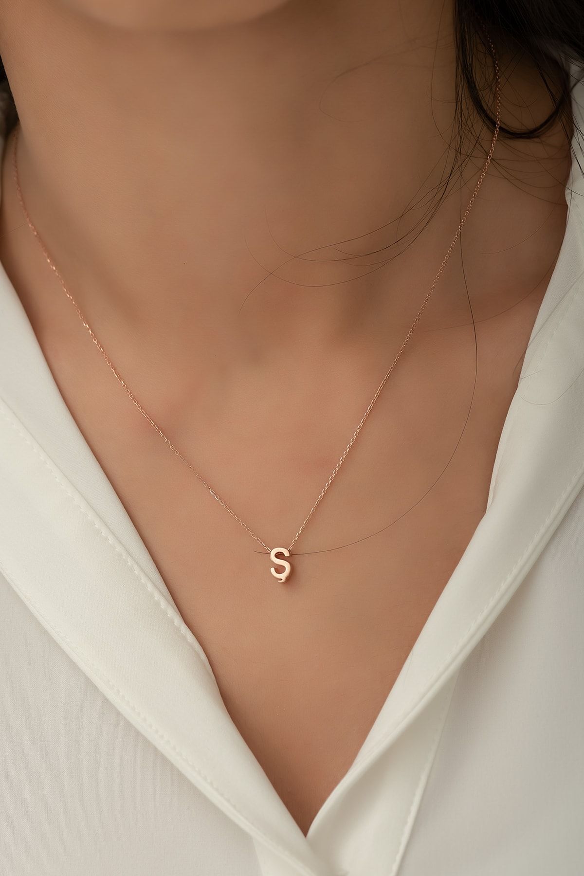 Harf Kolye. Üç Boyutlu Ş Harfi. Rose Altın Kaplama 925 Ayar Gümüş - Uvps100090