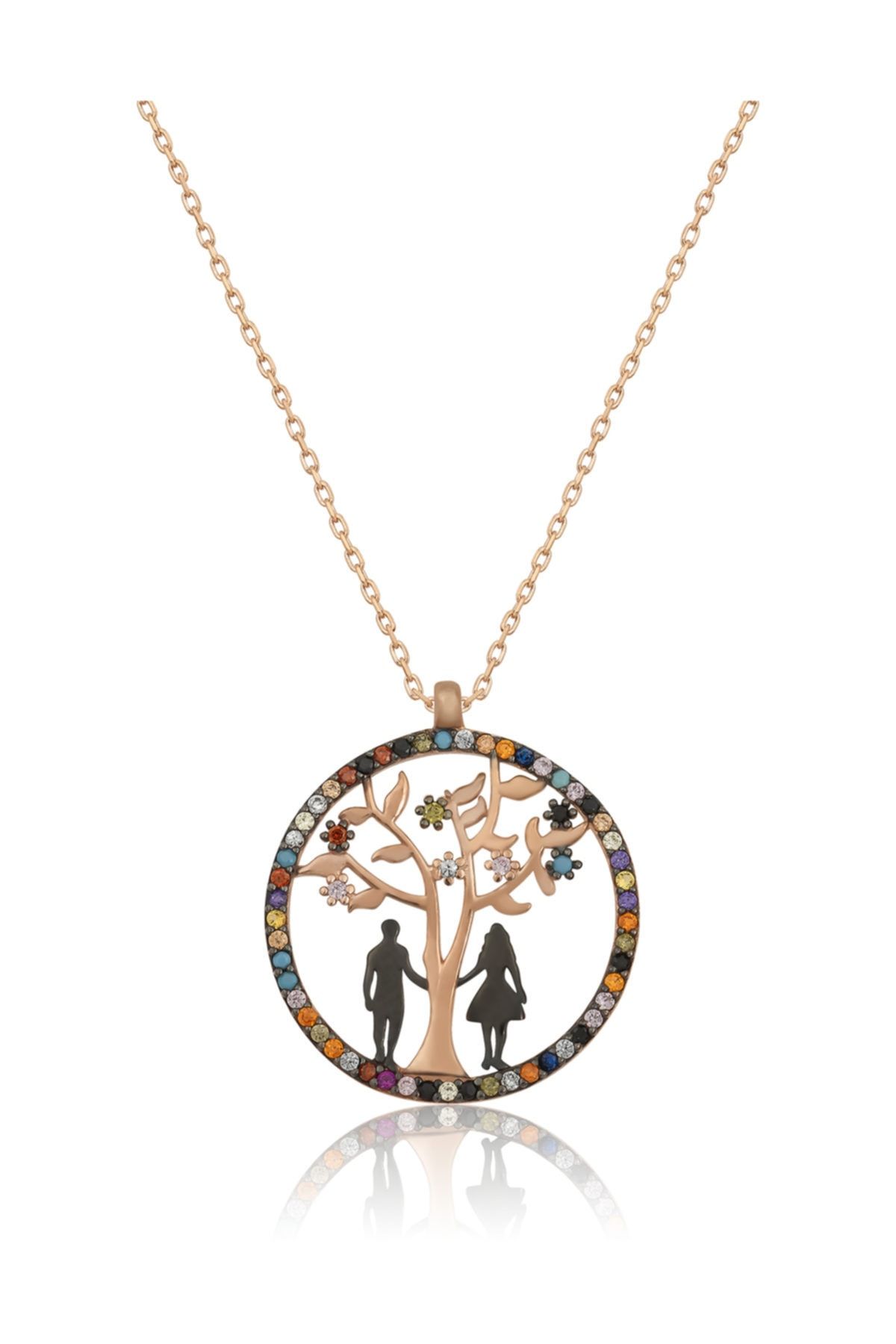 Hayat Ağacı Sevgili Aşk Kolye Renkli Taşlı Rose Gold Kaplama 925 Ayar Gümüş Uvps100509