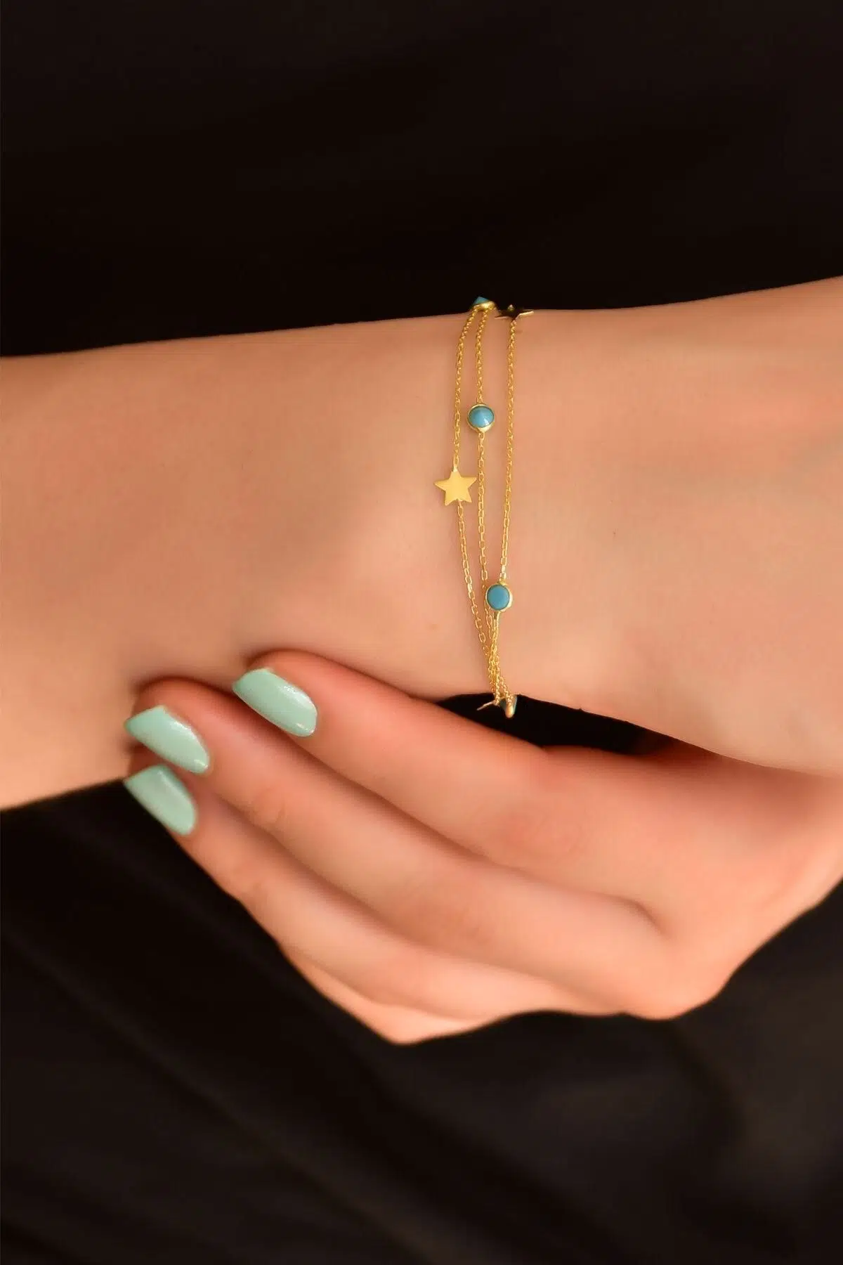 Kadın 925 Ayar Gümüş Altın Kaplama Firuze Taşlı Yıldız Zincir Bileklik