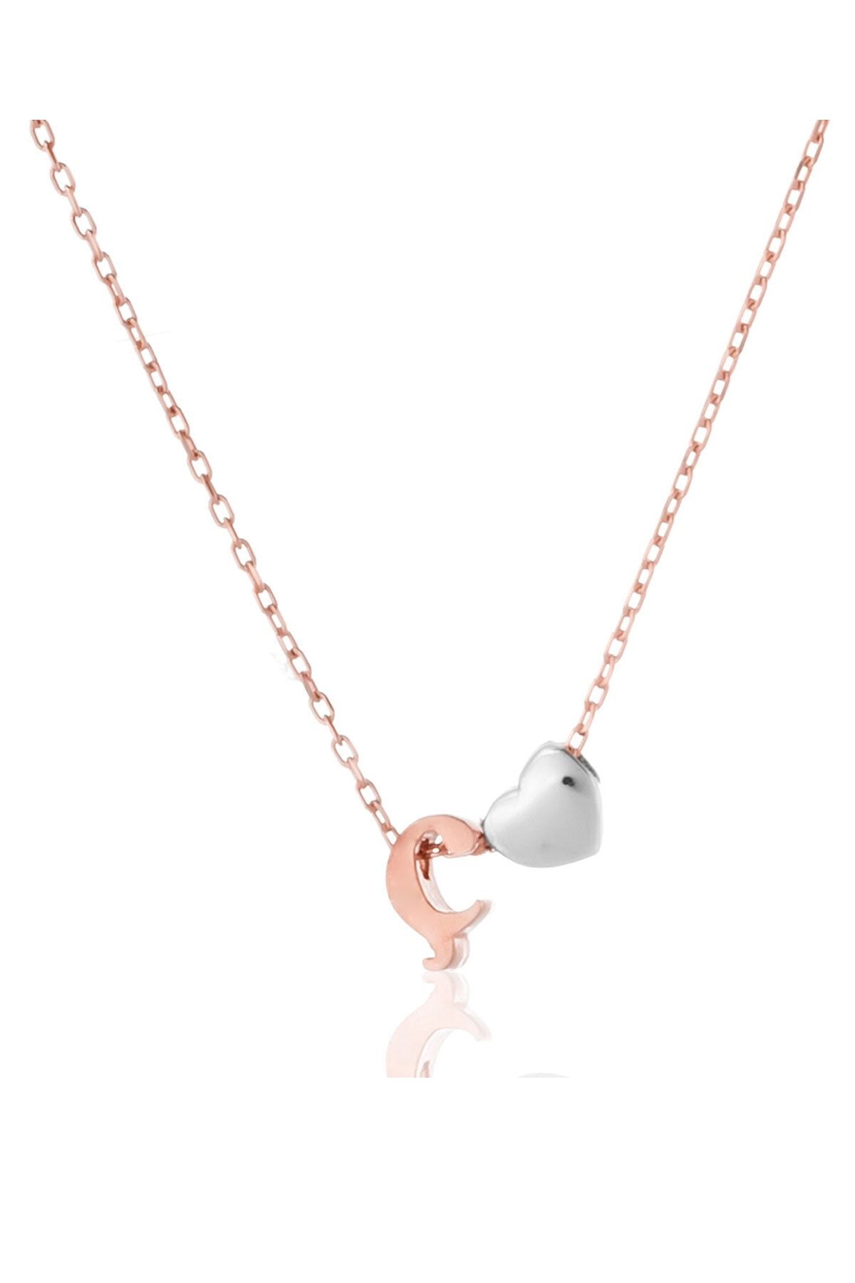 Kadın 925 Ayar Gümüş Üç Boyutlu Ç Harfi Kalp Kolye