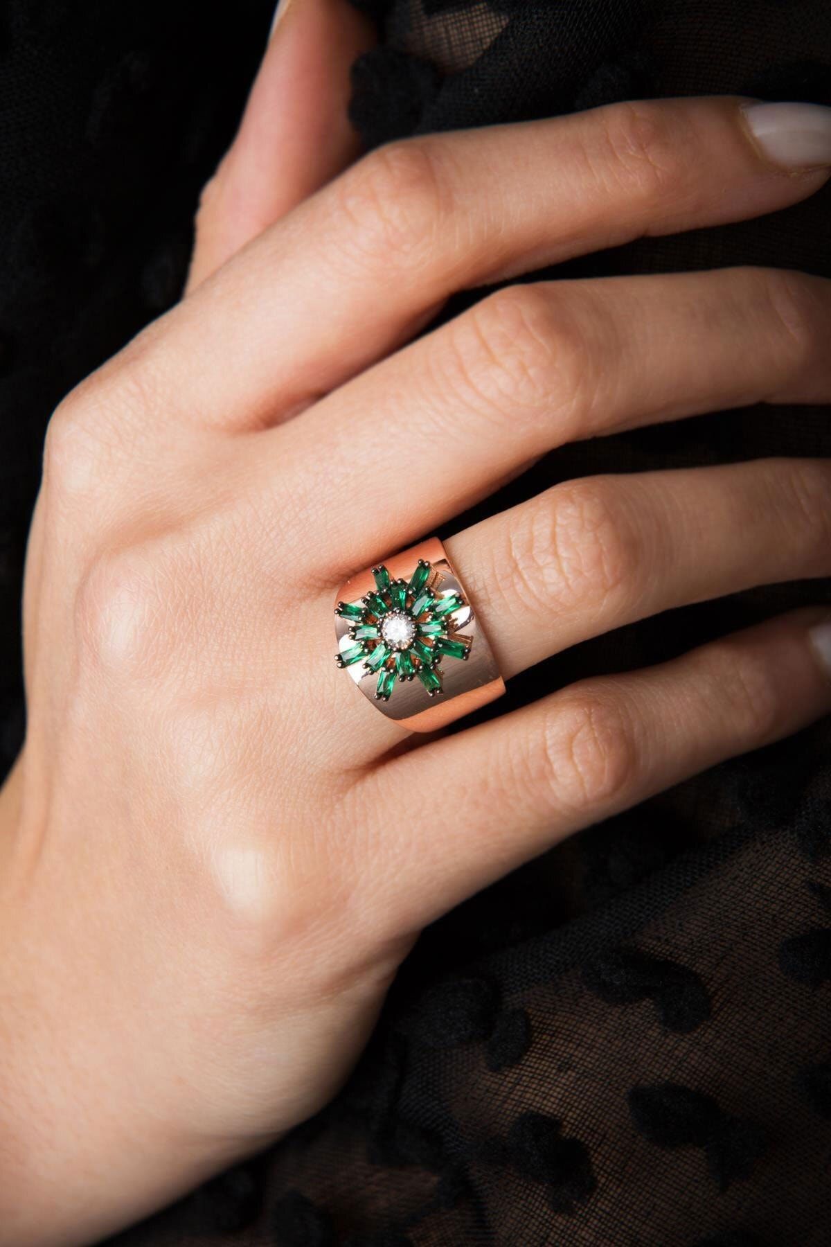 Kadın Güneş Yüzük 925 Ayar Yeşil Taşlı Ayarlanabilir Gümüş