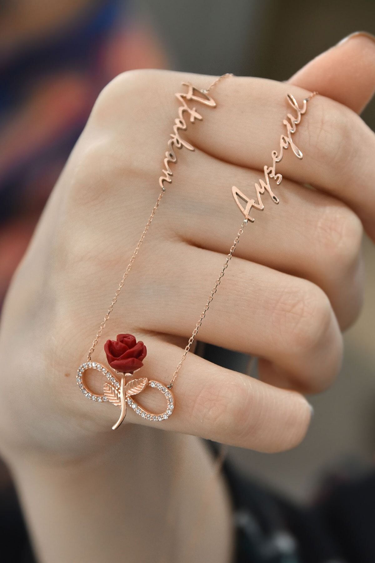 Kadın Isim Model Kırmızı Gül Sonsuzluk 925 Ayar Gümüş Kolye