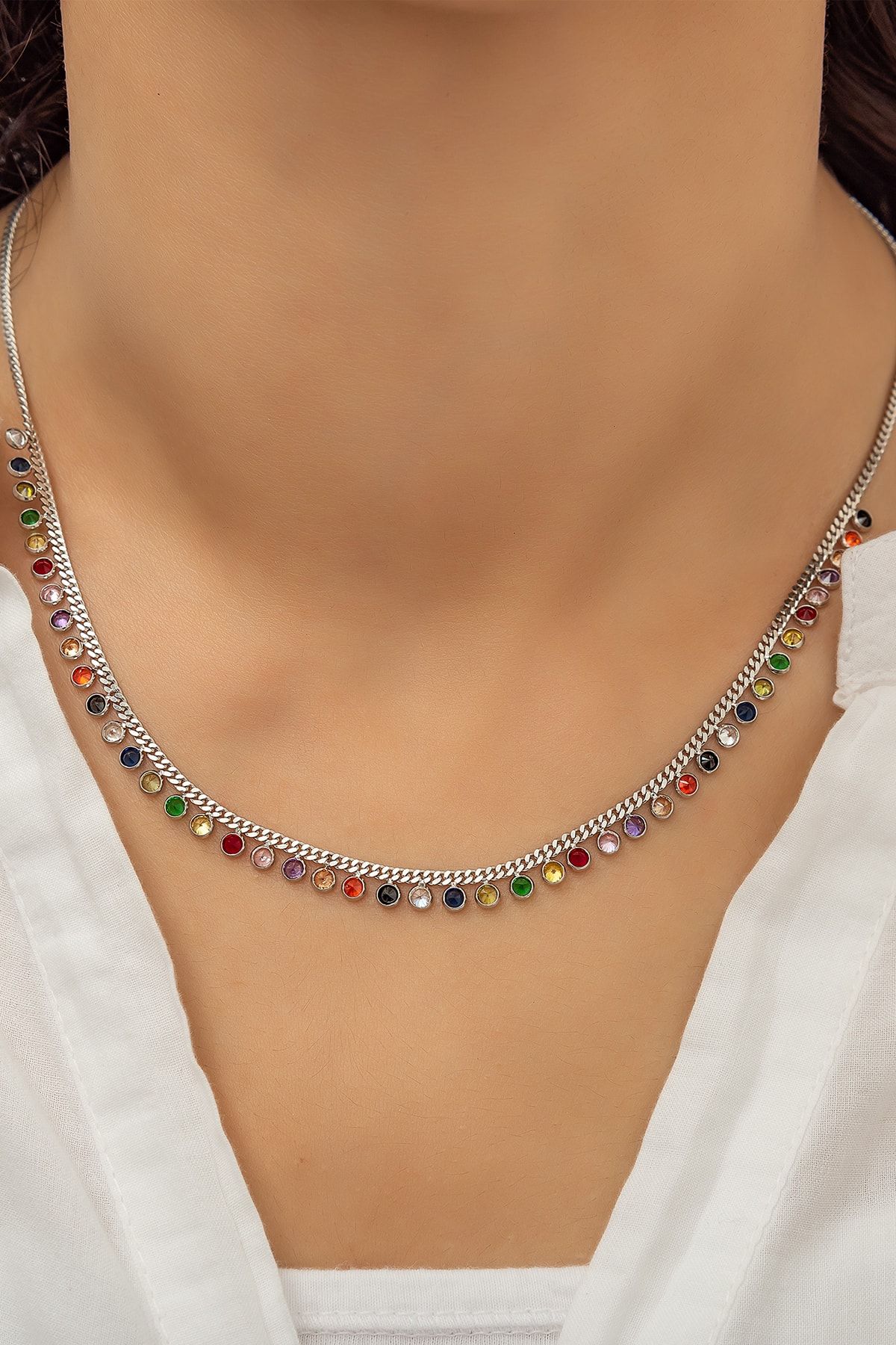 Kadın Kolyesi 925 Ayar Gümüş Mix Renkli Taşlı