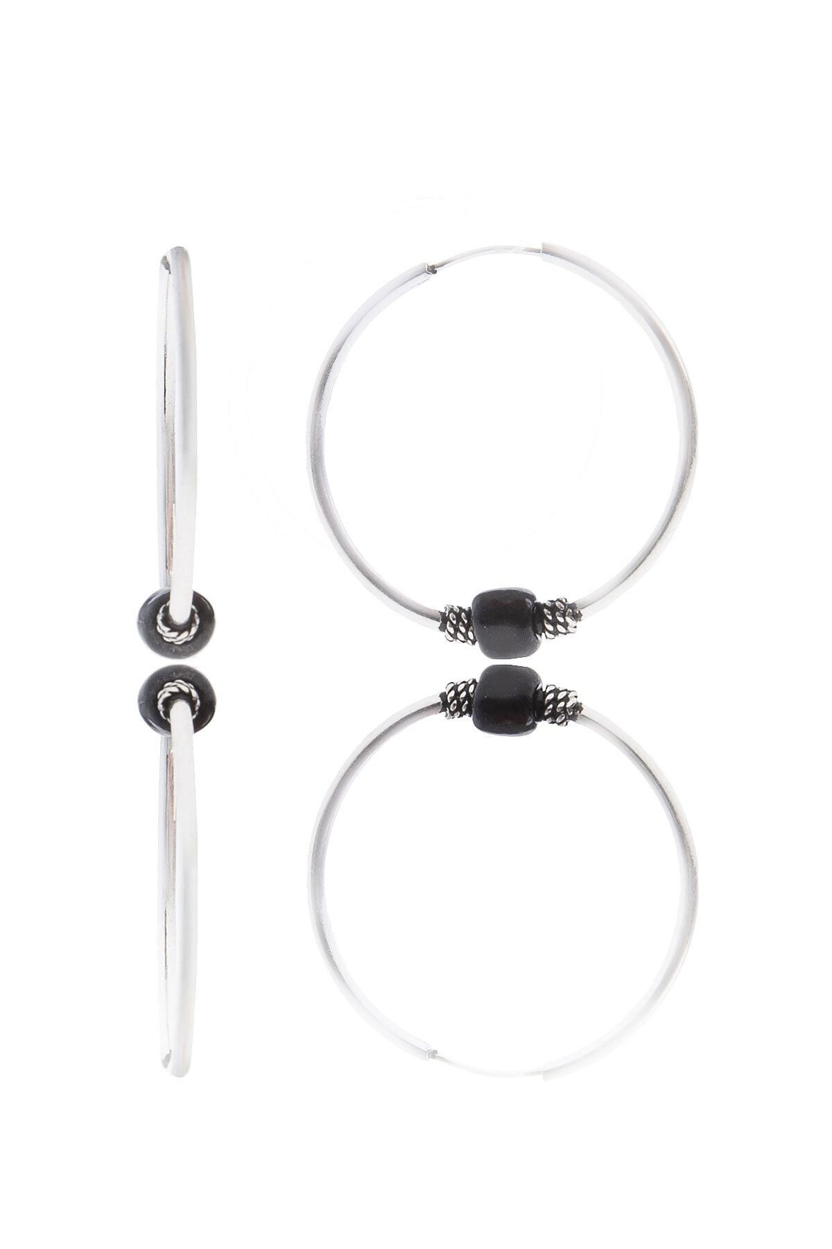 Kadın Küpe Siyah Boncuklu Halka 925 Ayar Gümüş