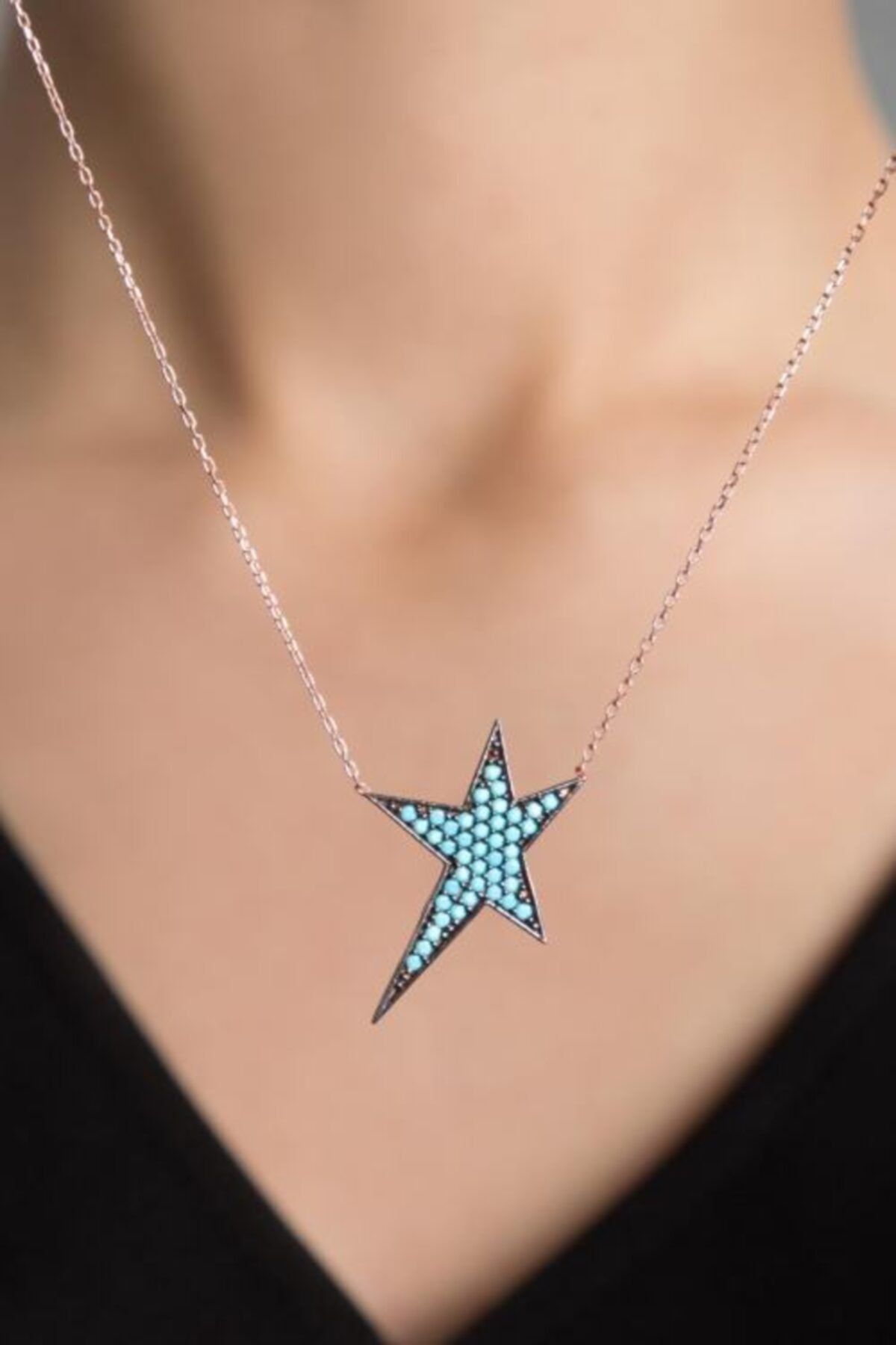 Kadın Mavi Taşlı Yıldız Model Rose Kaplama 925 Ayar Gümüş Kolye