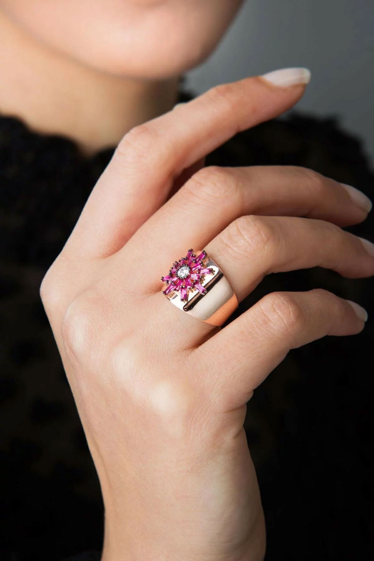 Kadın Yüzük 925 Ayar Pembe Taşlı Ayarlanabilir Gümüş