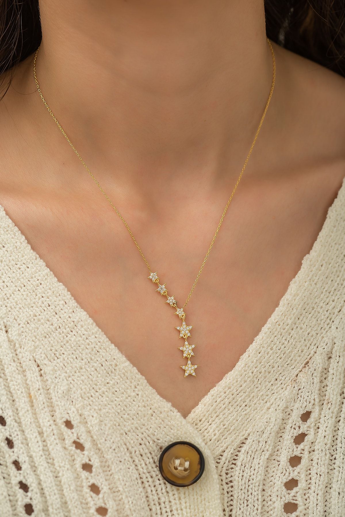 Kayan Yıldızlar Kolye Nano Zirkon Taşlı Altın Kaplama Gümüş