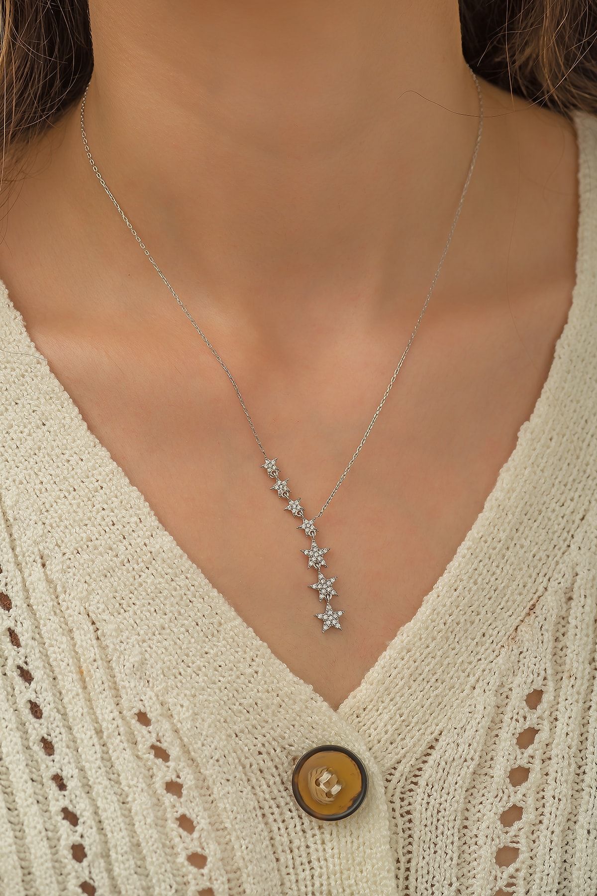 Kayan Yıldızlar Kolye Nano Zirkon Taşlı Rodyum Kaplama Gümüş