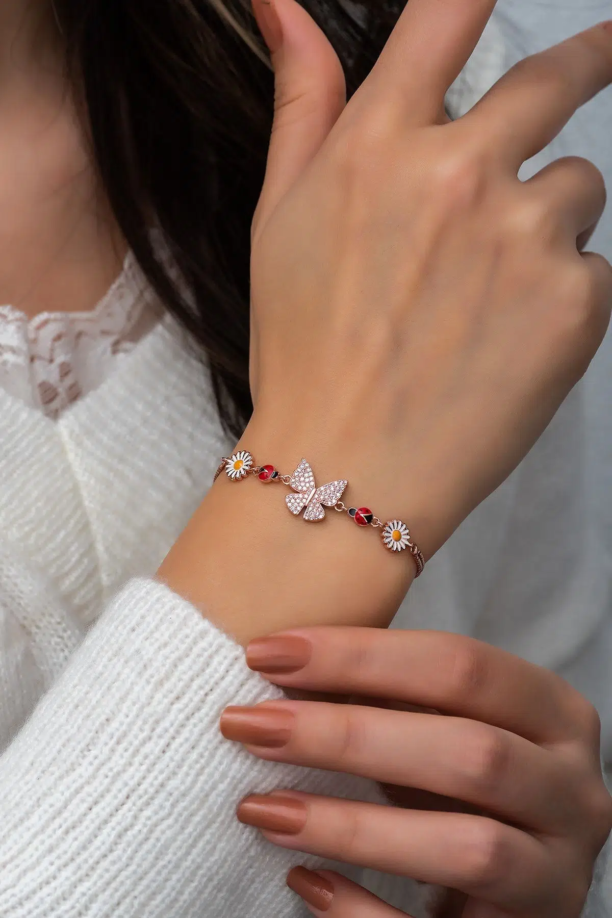 Kelebek Papatya Uğur Böceği Renkli Mineli Rose Gold Kaplama 925 Ayar Gümüş Bileklik - Uvps200155