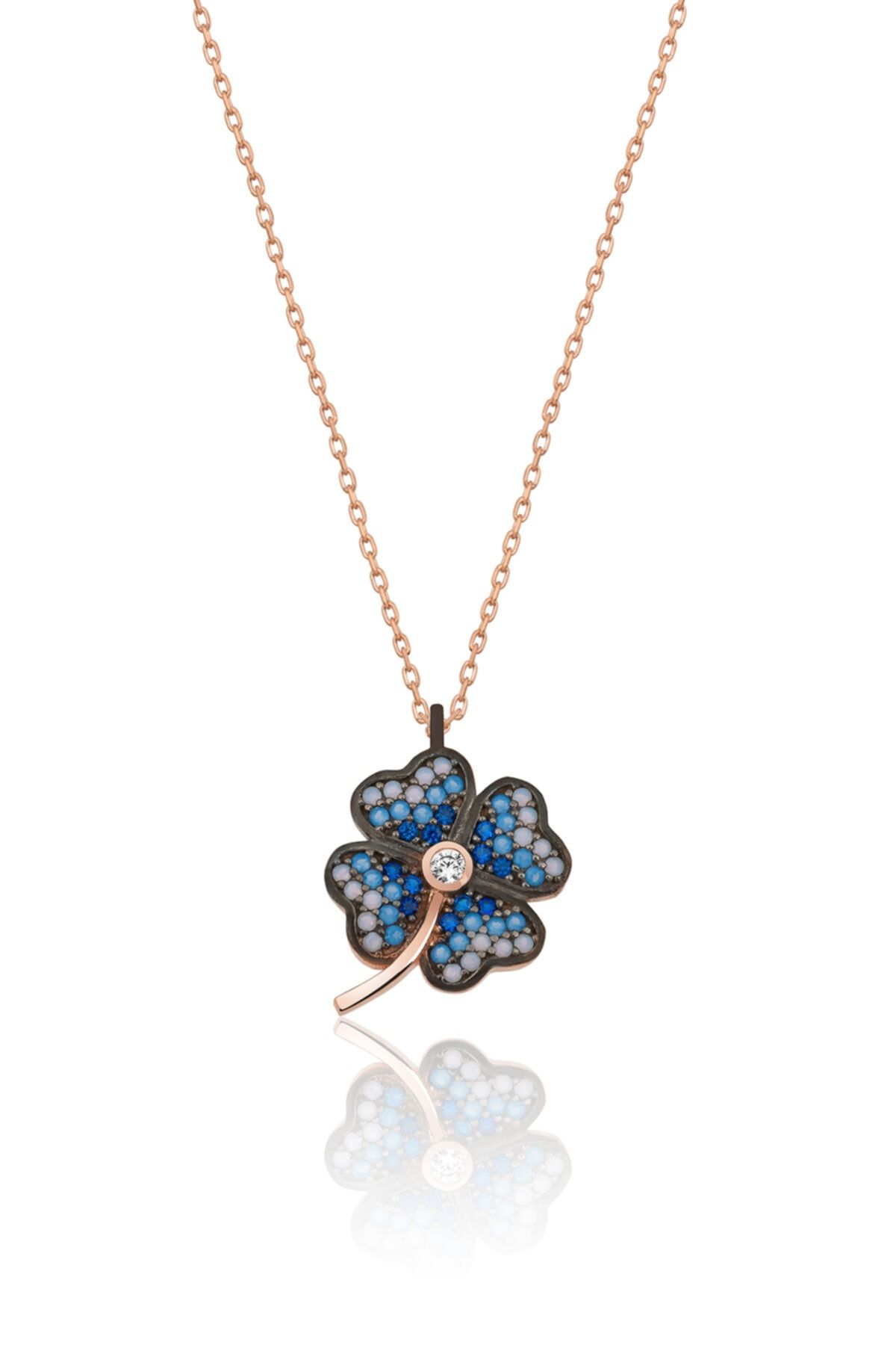 Mavi Yonca Kolye Renkli Taş Rose Kaplama 925 Ayar Gümüş Uvps100518