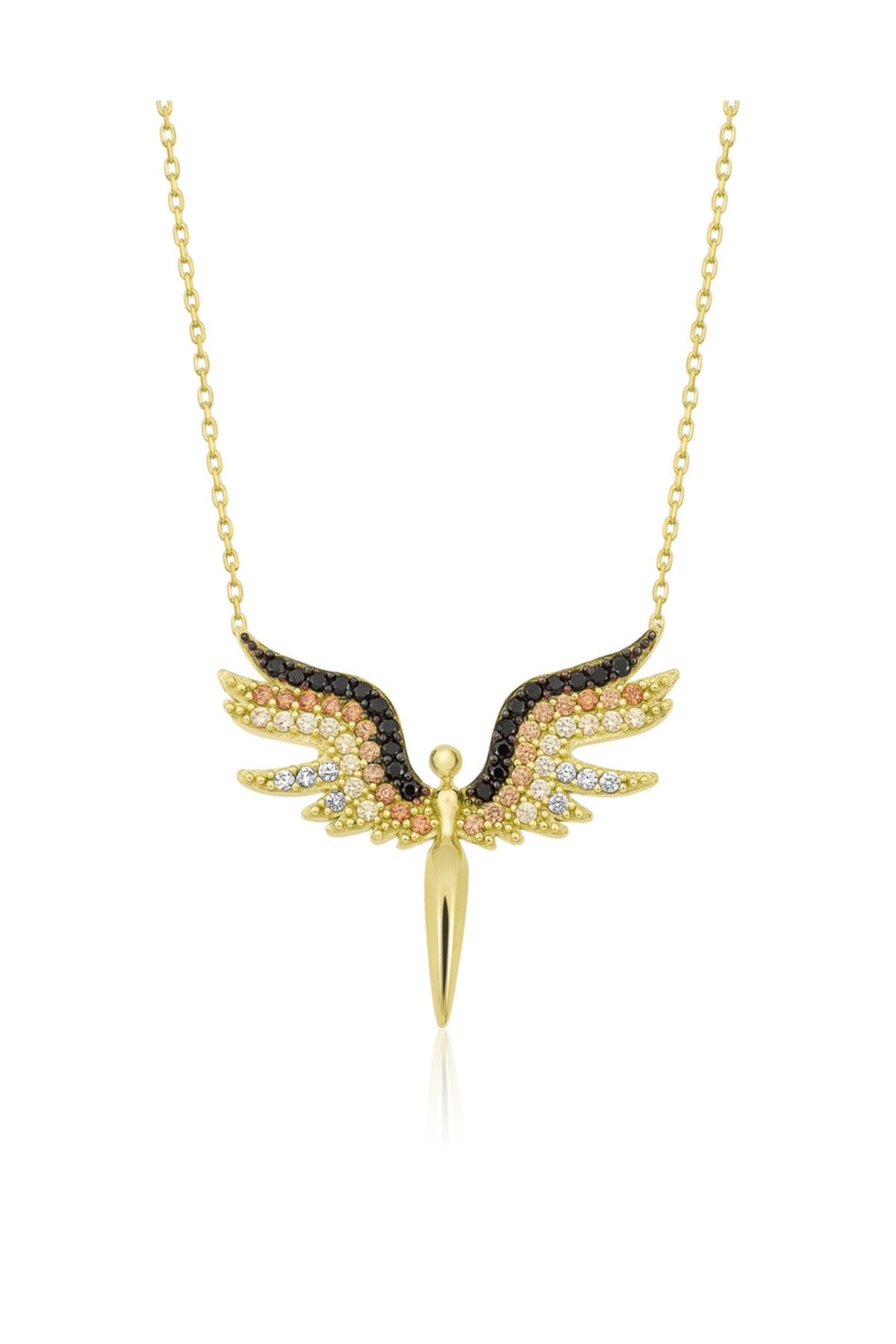 Melek Kolye Renkli Taşlı 14 Ayar Altın Kaplama Gümüş