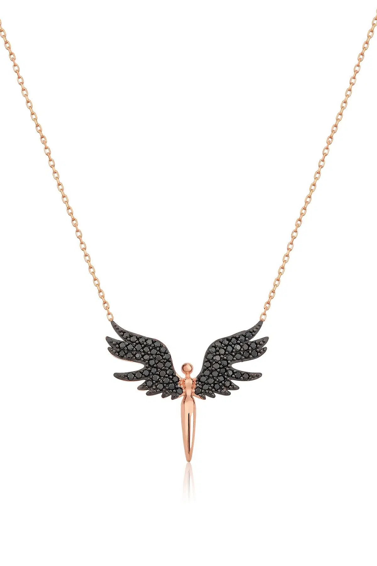 Melek Kolye. Rose Altın Kaplama Siyah Nano Zirkon Taşlı 925 Ayar Gümüş.