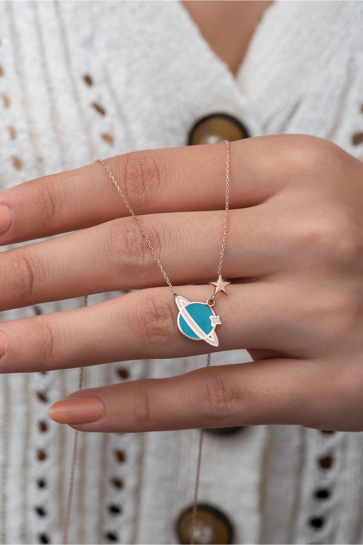 Mini Gezegen Kolye Mavi Mine Dolgulu Rose Altın Kaplama 925 Ayar Gümüş Uvps100860