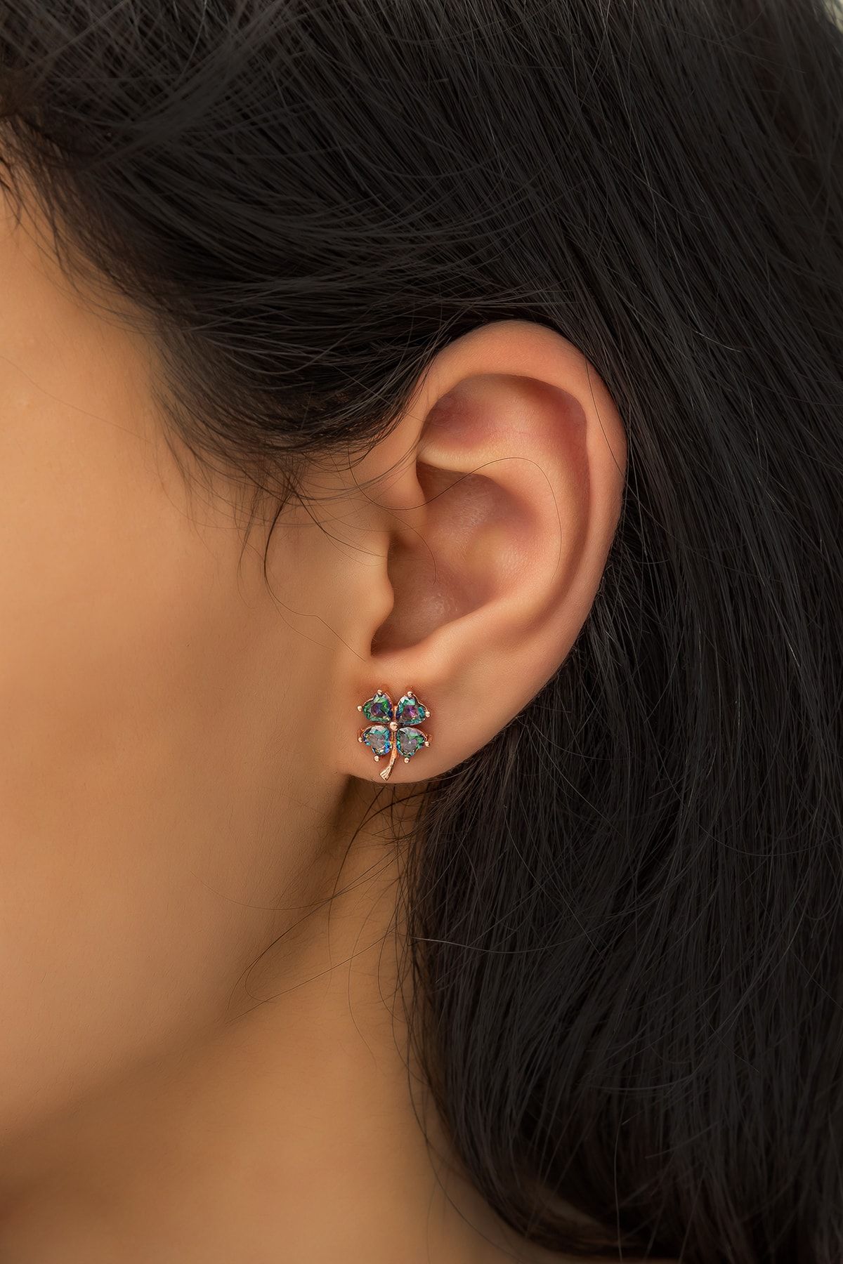 Mistik Taşlı Yonca Küpe. Rose Gold Kaplama