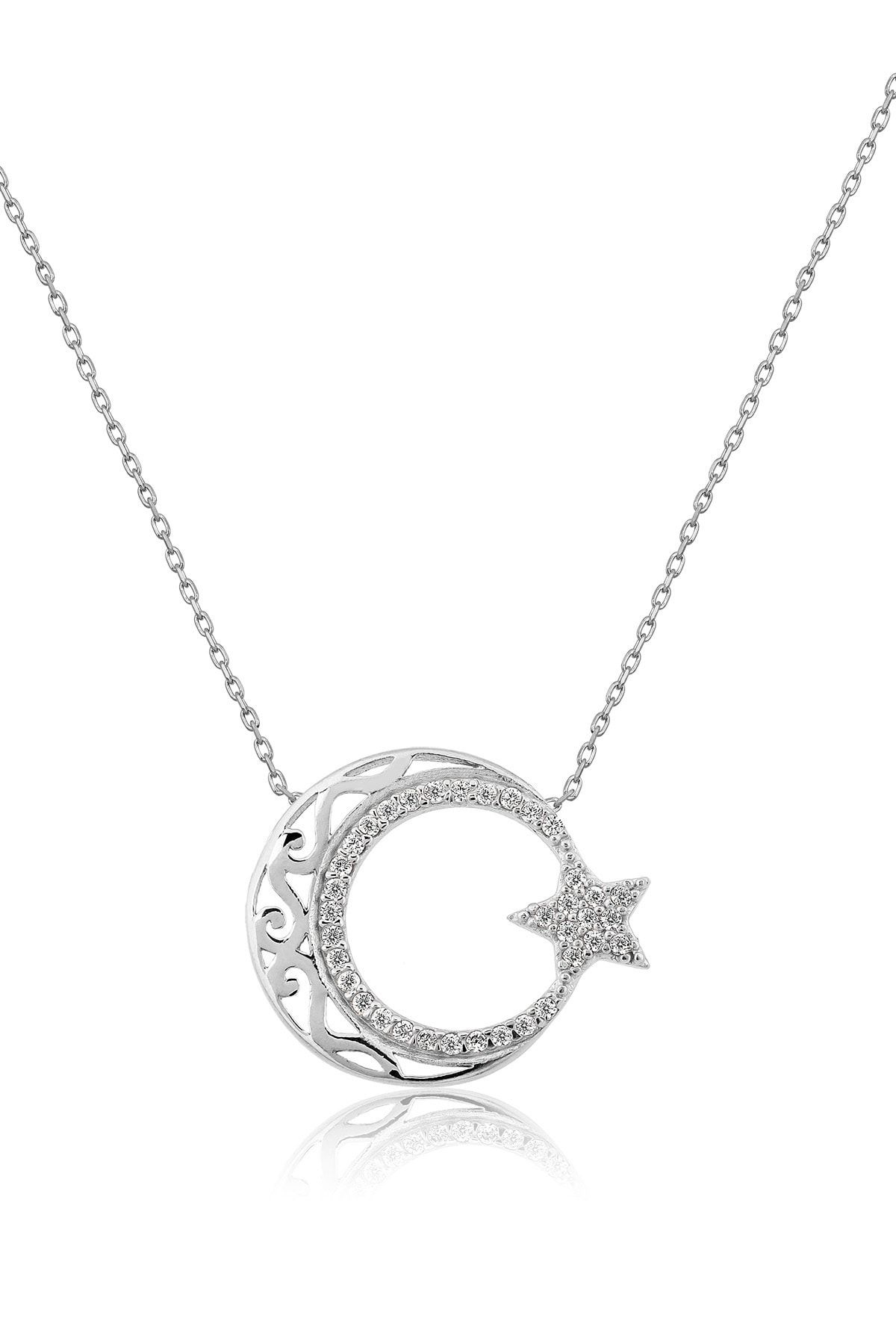 Motifli Ayyıldız Figürlü Rodyum Kaplama Nano Zirkon Kolye UVPS100017