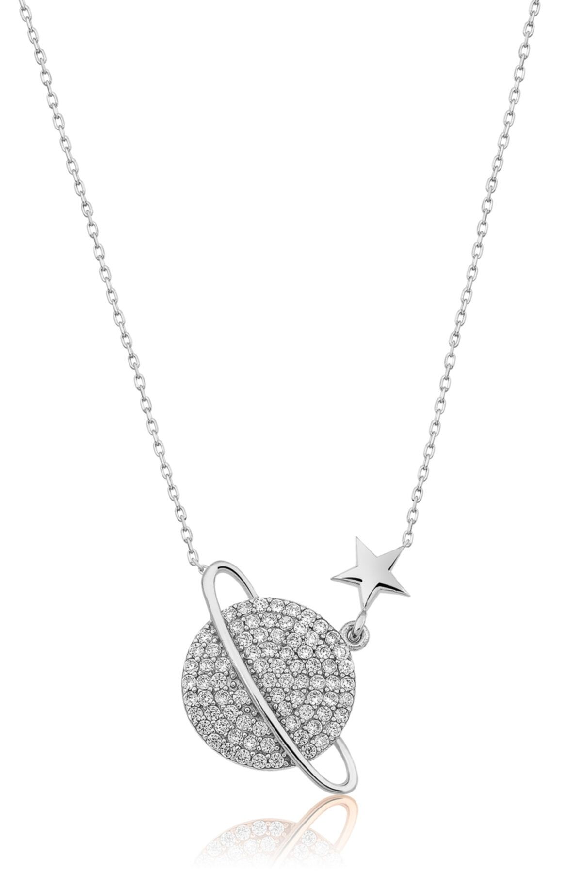 Nano Zirkon Taşlı Gezegen Kolye Rodyum Kaplama 925 Ayar Gümüş Kadın Kolye - Uvps100215