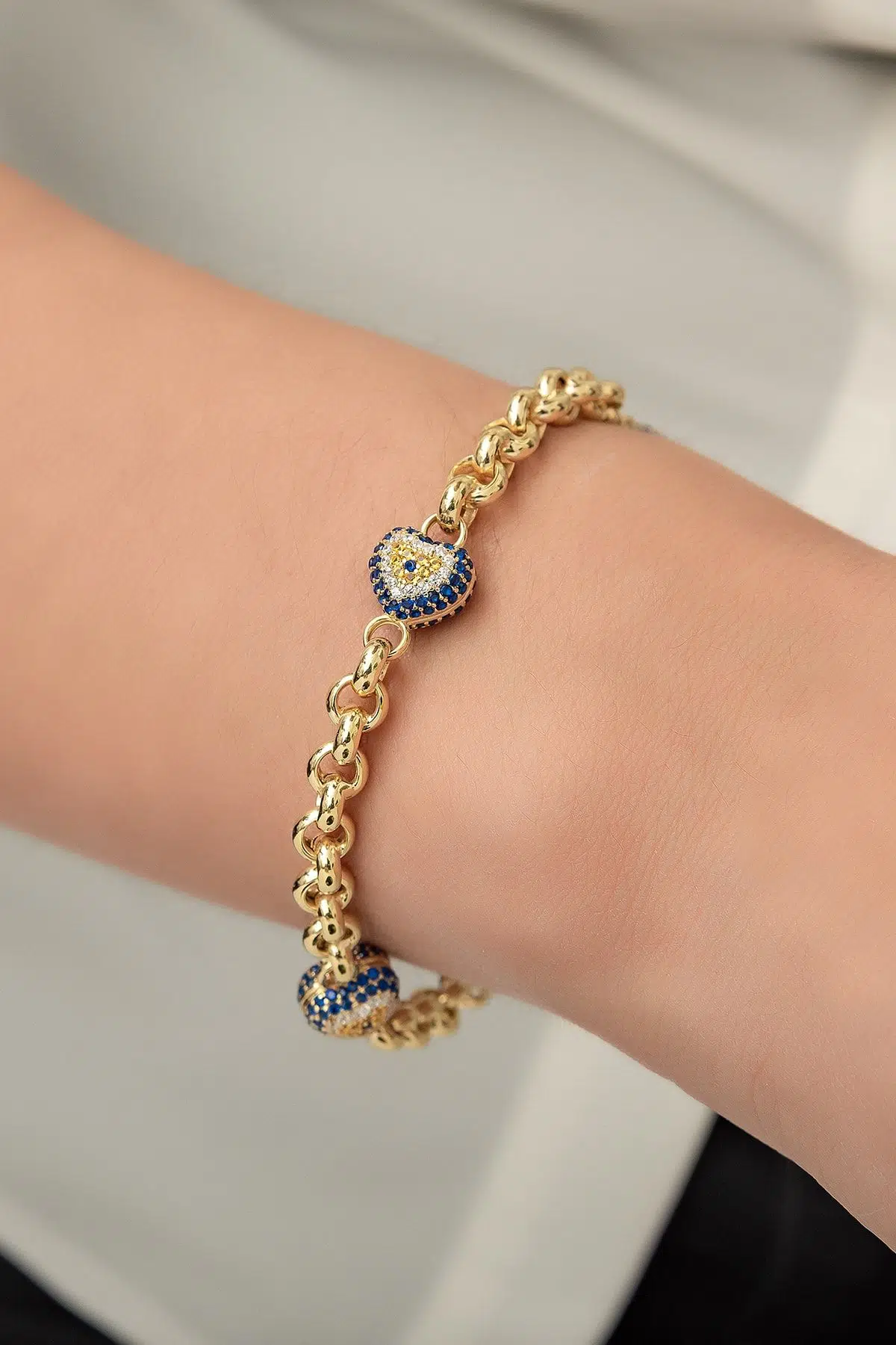 Nazar Bileklik Nano Zirkon Taşlı Üç Nazar Kalpli 14 Ayar Altın Kaplama Zincir Bileklik