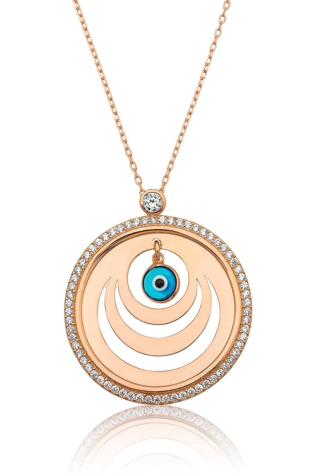 Nazar Göz Sallantılı Halka Form Aile Kolyesi. Rose Altın Kaplama Gümüş Kolye.