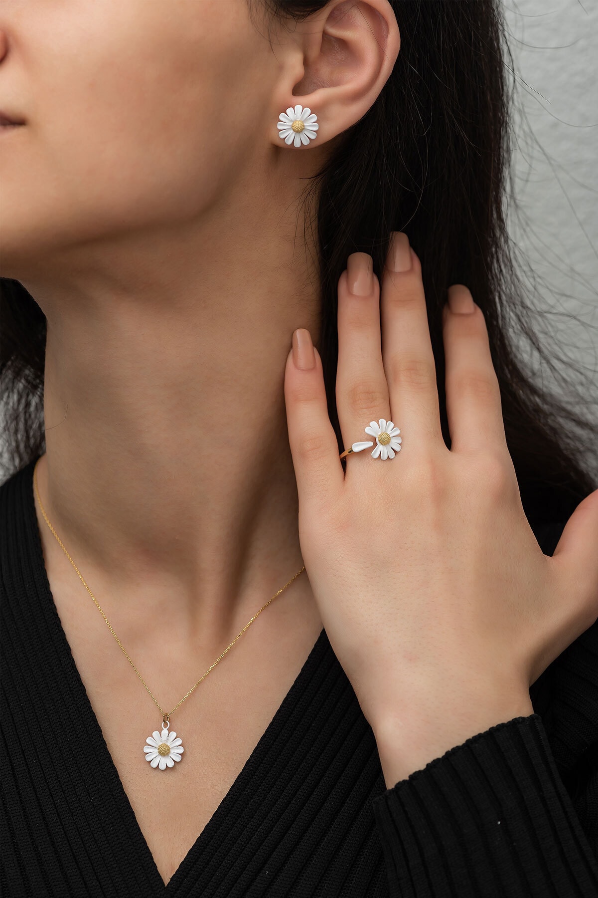 Özel Tasarım Altın Kaplama 925 Ayar Gümüş Papatya Set