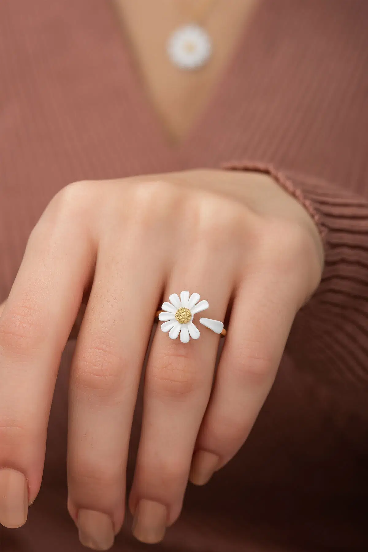 Özel Tasarım Altın Kaplama 925 Ayar Gümüş Papatya Yüzük