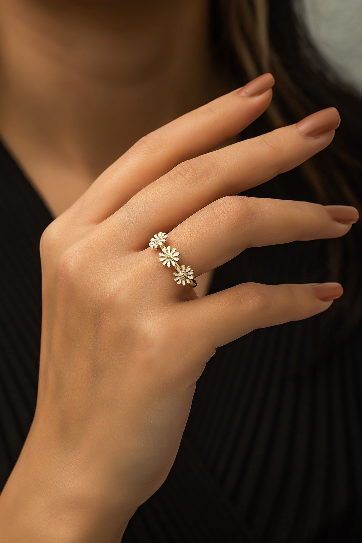 Papatya Ahengi Üç Sıra Yüzük 14 Ayar Altın Kaplama 925 Ayar Gümüş