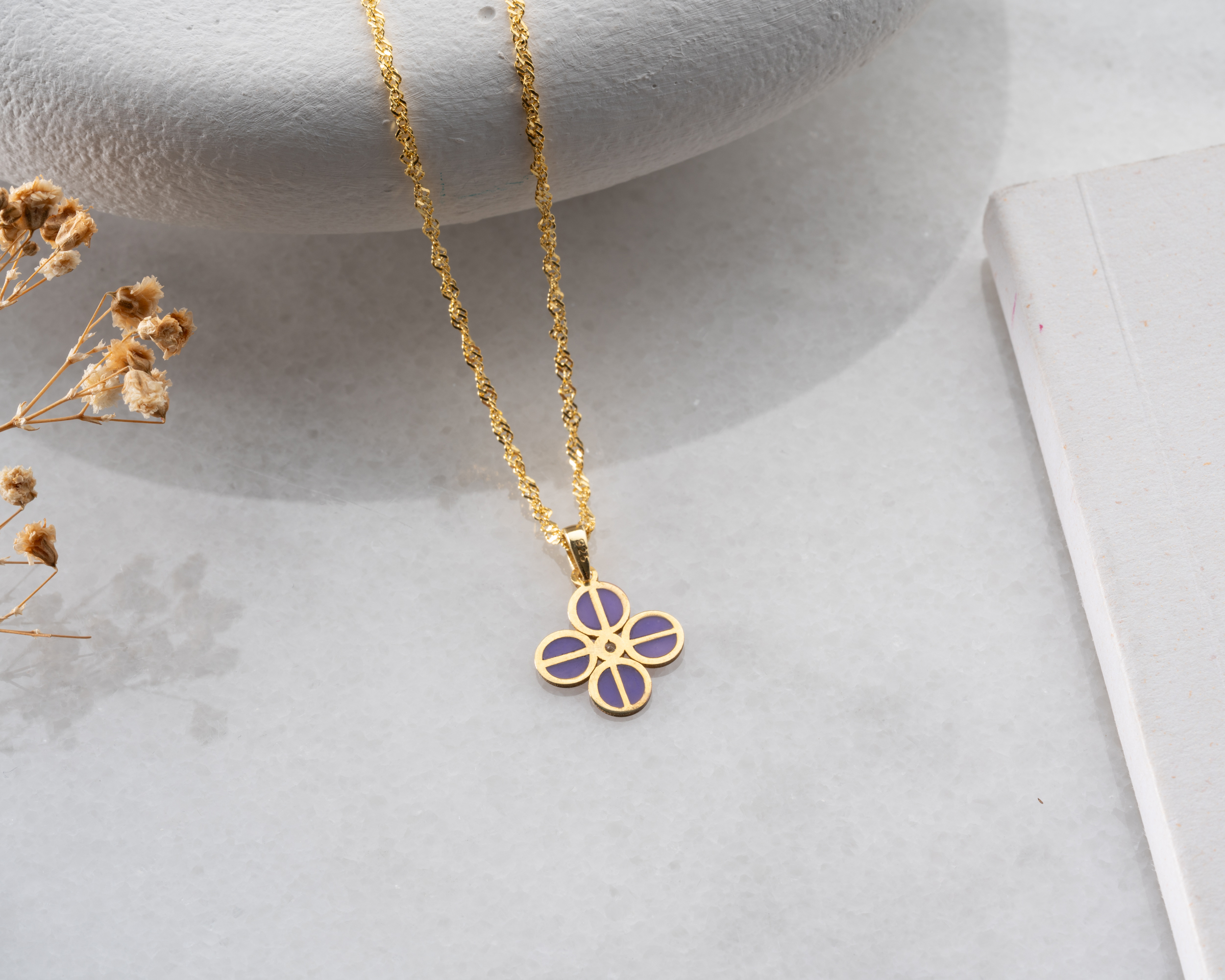 Flamingo Silver 925 ayar dört yaprak lila pırlanta yonca kolye<rose,gold,rodaj>