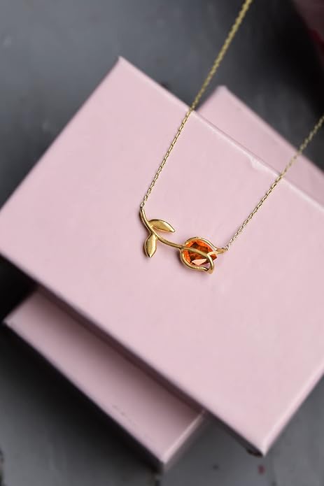 Flamingo Silver 925 Ayar Gümüş Gold Kaplama Turuncu Taşlı Lale Kolye (Gold)