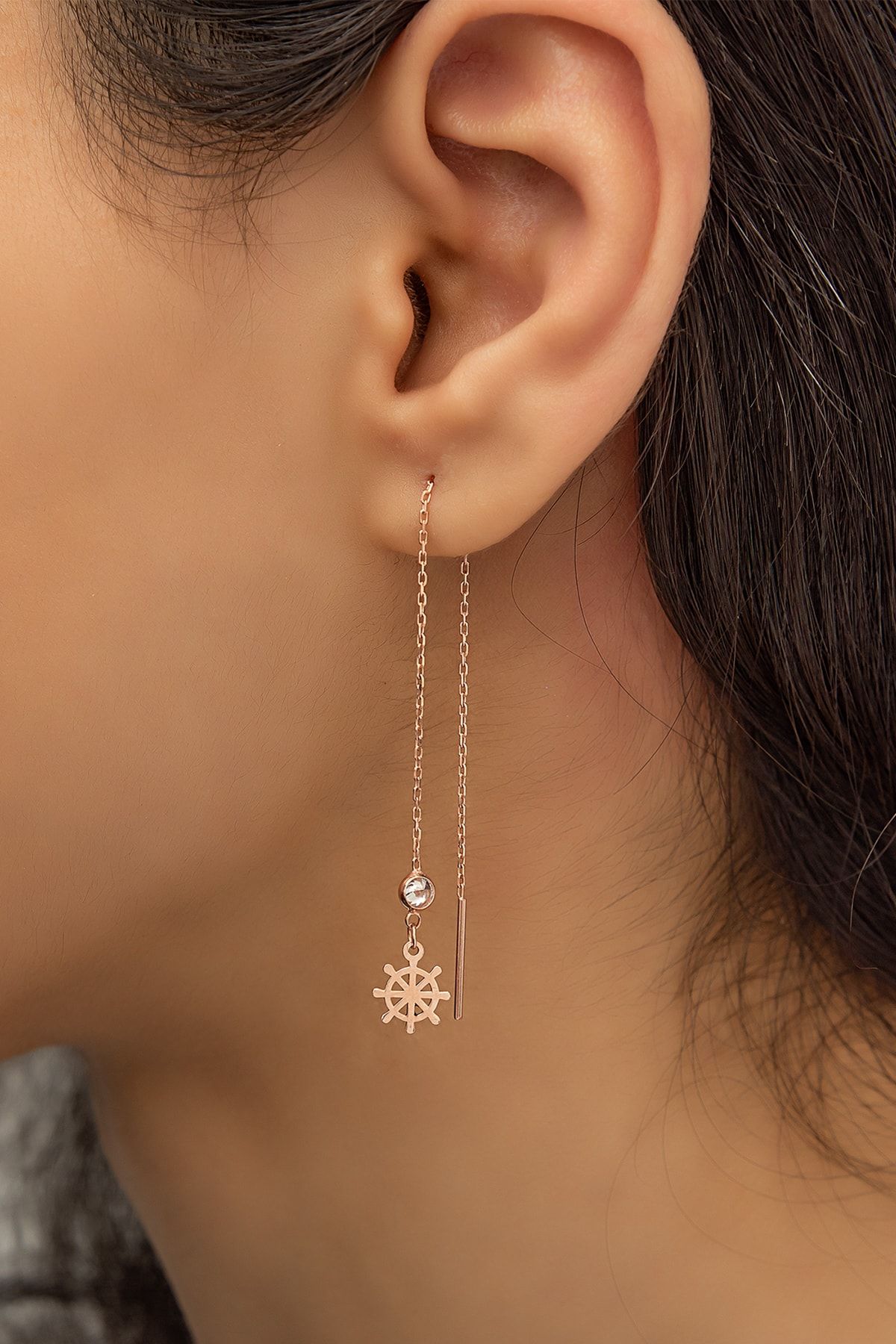 Papatya silver Sallantılı Gemi Dümeni Küpe Nano Zirkon ;Taşlı Rose Gold Kaplama 925 Ayar Gümüş Küpe