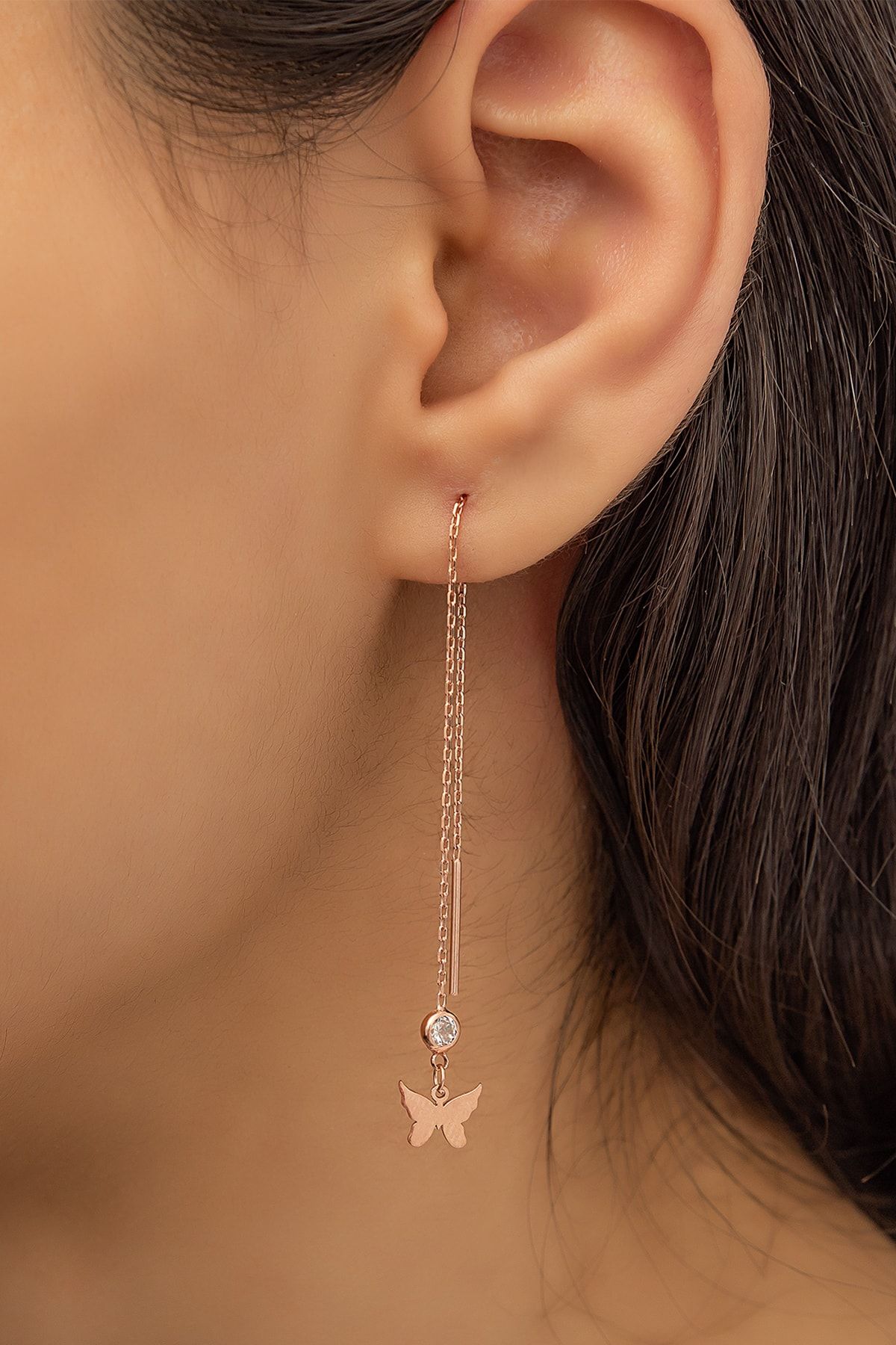 Flamingo Silver.Sallantılı Kelebek Küpe Nano Zirkon ;Taşlı Rose Gold Kaplama 925 Ayar Gümüş Küpe