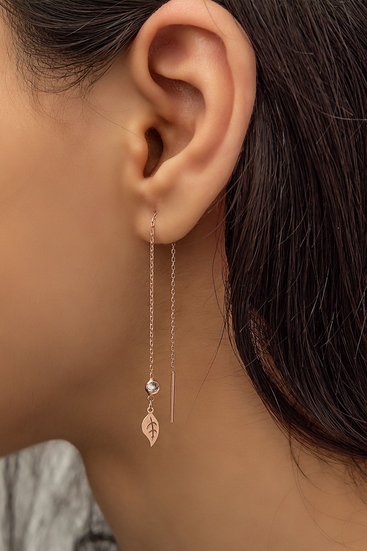 Flamingo Silver.Sallantılı Yaprak Küpe Nano Zirkon ;Taşlı Rose Gold Kaplama 925 Ayar Gümüş Küpe