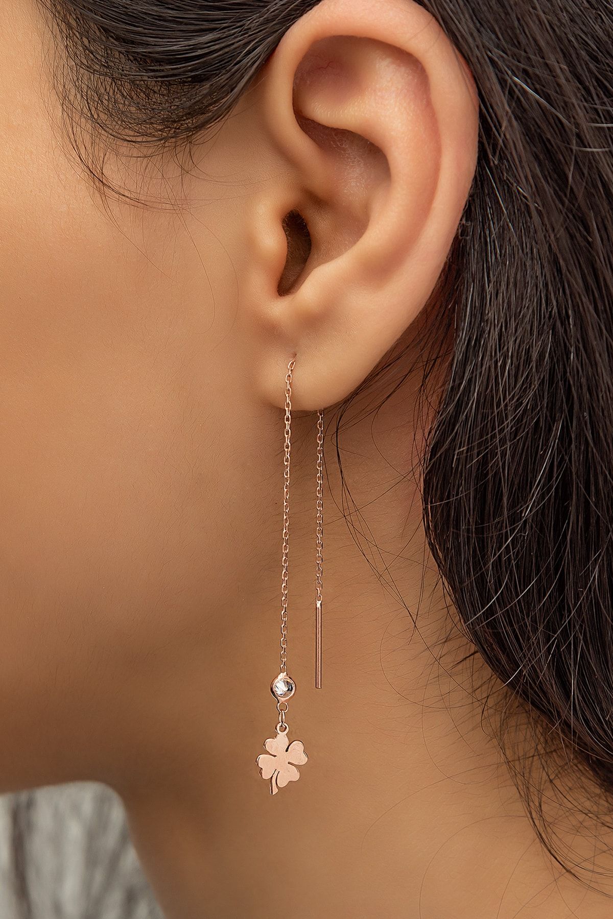 Flamingo Silver Sallantılı Yonca Küpe Nano Zirkon ;Taşlı Rose Gold Kaplama 925 Ayar Gümüş Küpe