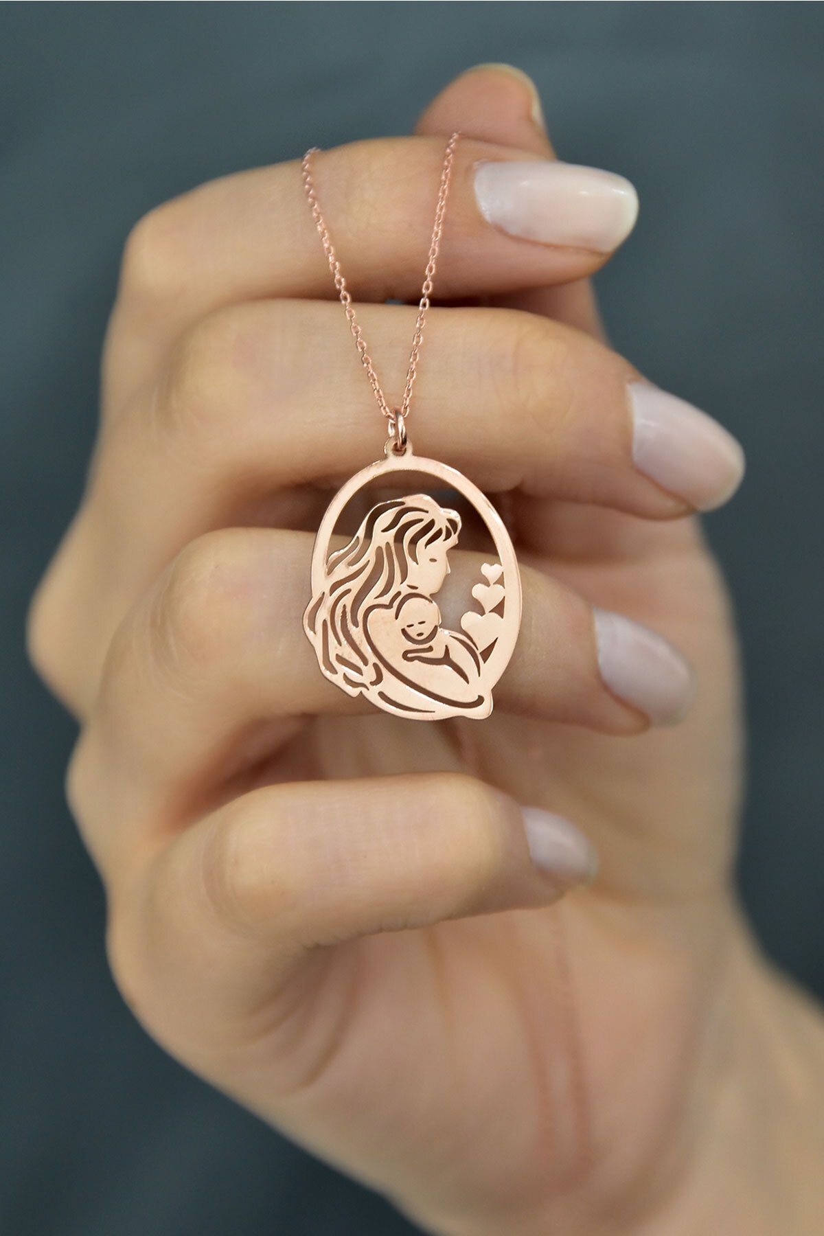 Plaka Kesim 925 Ayar Gümüş Anne Çocuk Kolye