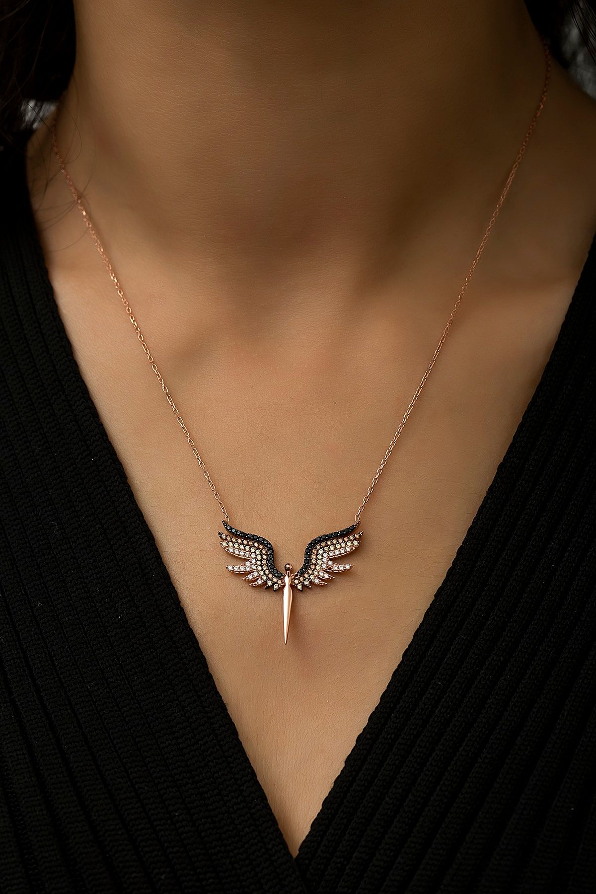 Rose Altın Kaplama Taşlı Mikail Meleği Gümüş Kolye