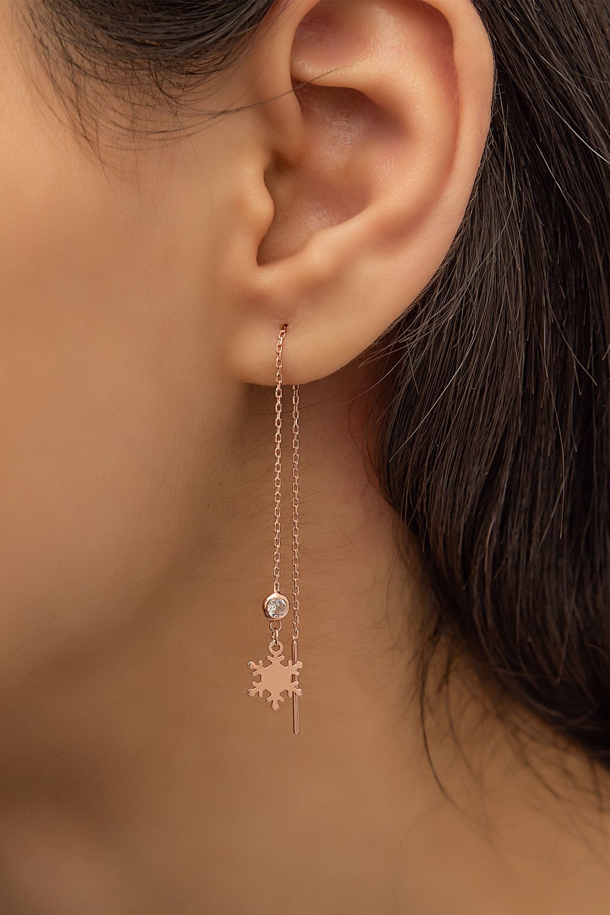 Sallantılı Kartanesi Küpe Nano Zirkon ;Taşlı Rose Gold Kaplama 925 Ayar Gümüş Küpe