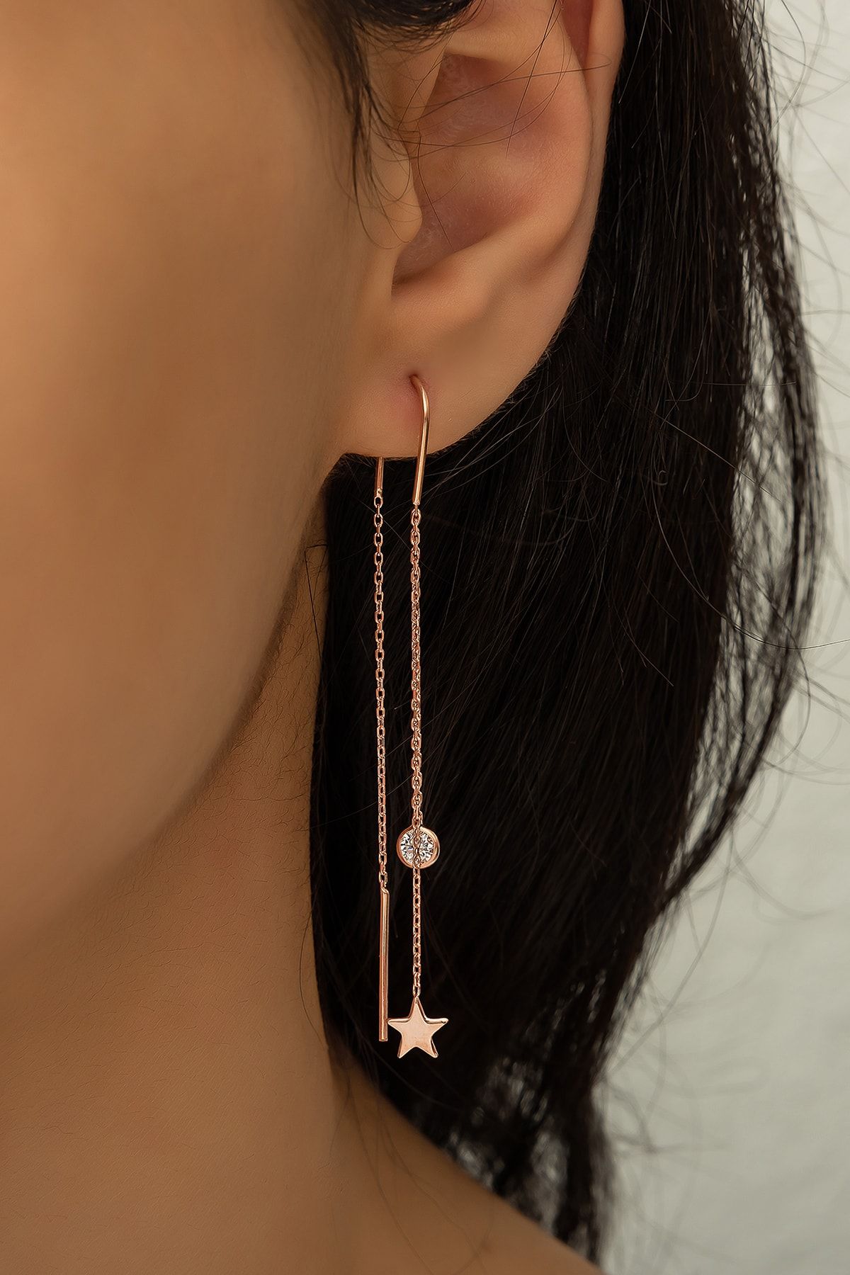 Sallantılı Yıldız Küpe Nano Zirkon Taşlı Rose Gold Kaplama 925 Ayar Gümüş Küpe -