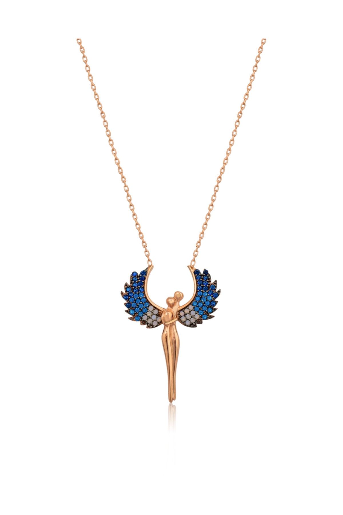 Sarılan Melekler Kolye Renkli Taş Rose Altın Kaplama 925 Ayar Gümüş Uvps100516