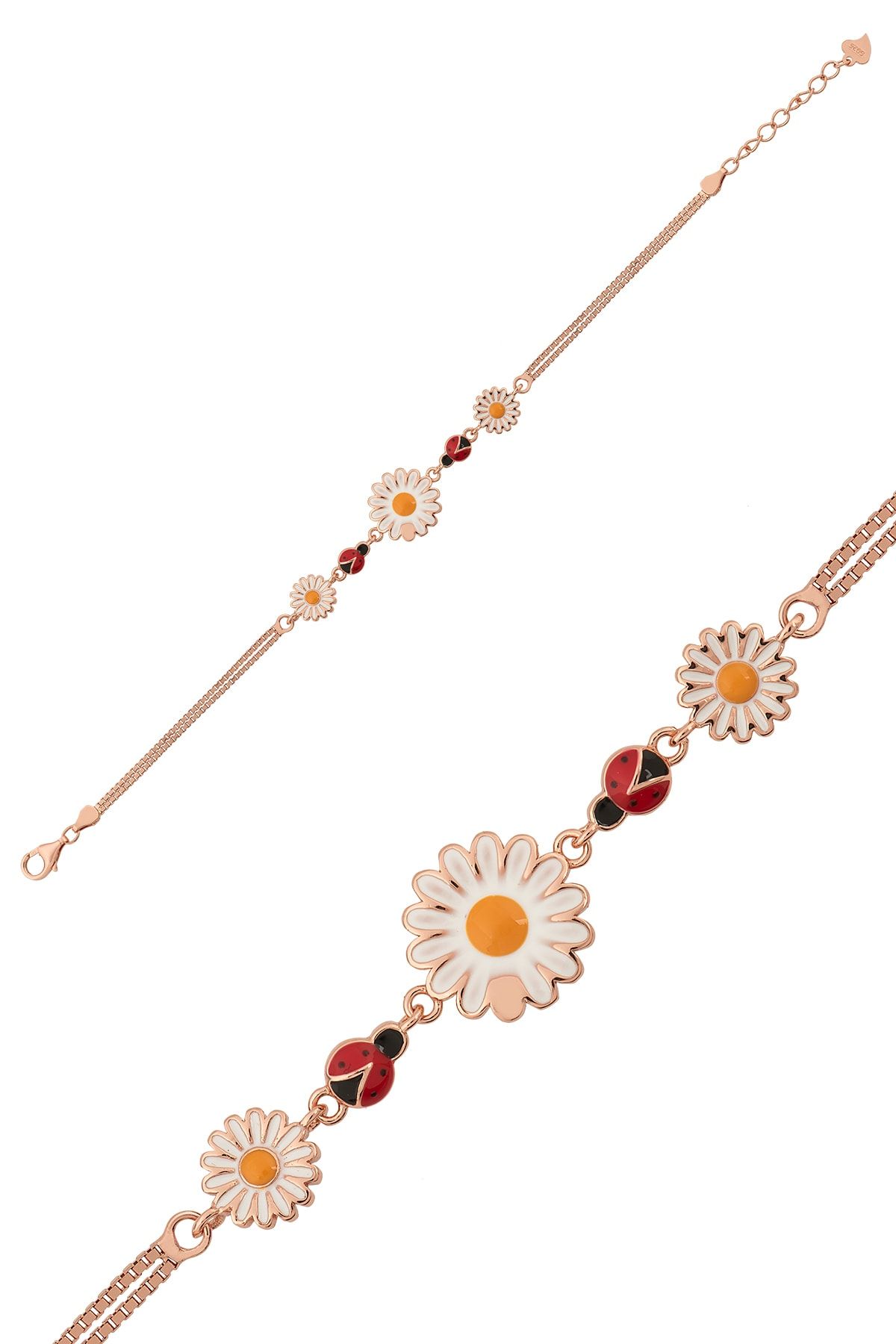 Süzme Papatya Uğur Böceği Renkli Mineli Rose Gold Kaplama 925 Ayar Gümüş Bileklik - Uvps200114