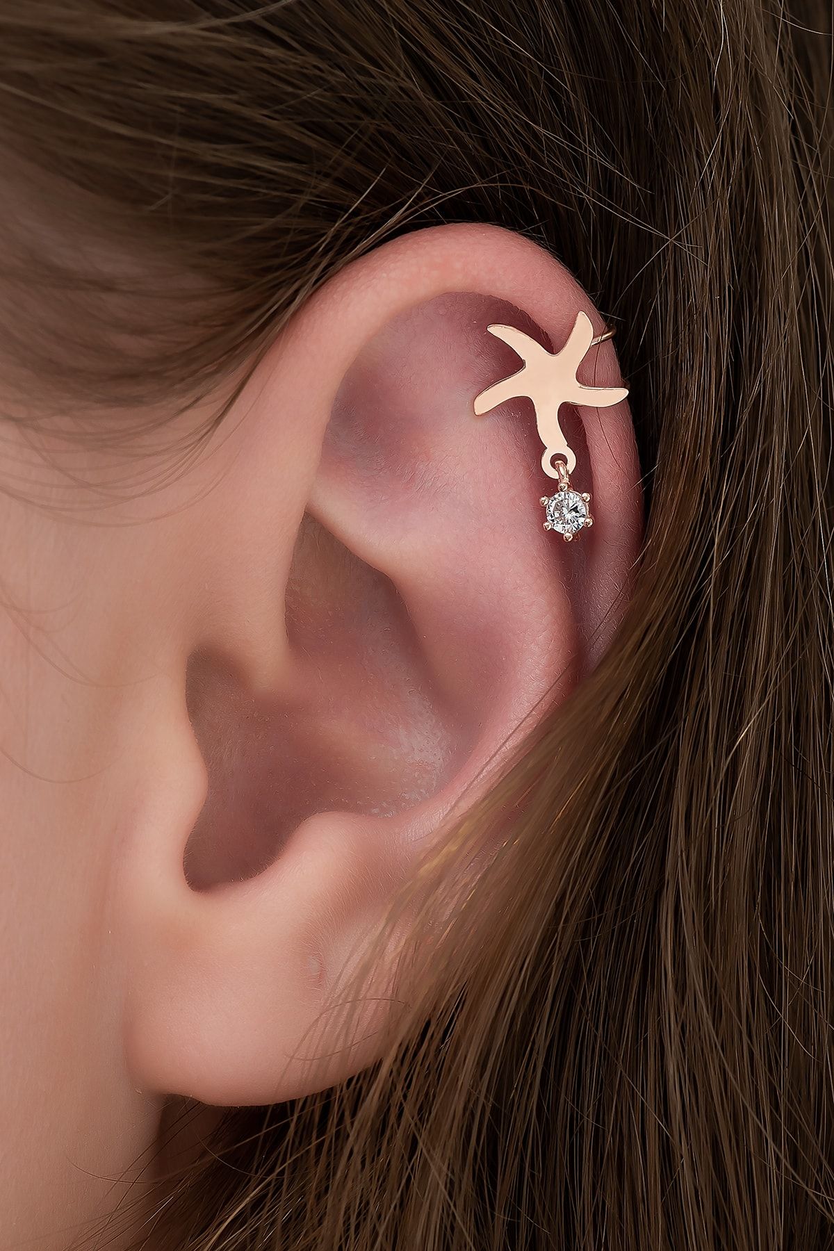 Taşlı Deniz Yıldızı Kıkırdak Küpe Rose Altın Kaplama 925 Ayar Gümüş Küpe Uvps300321