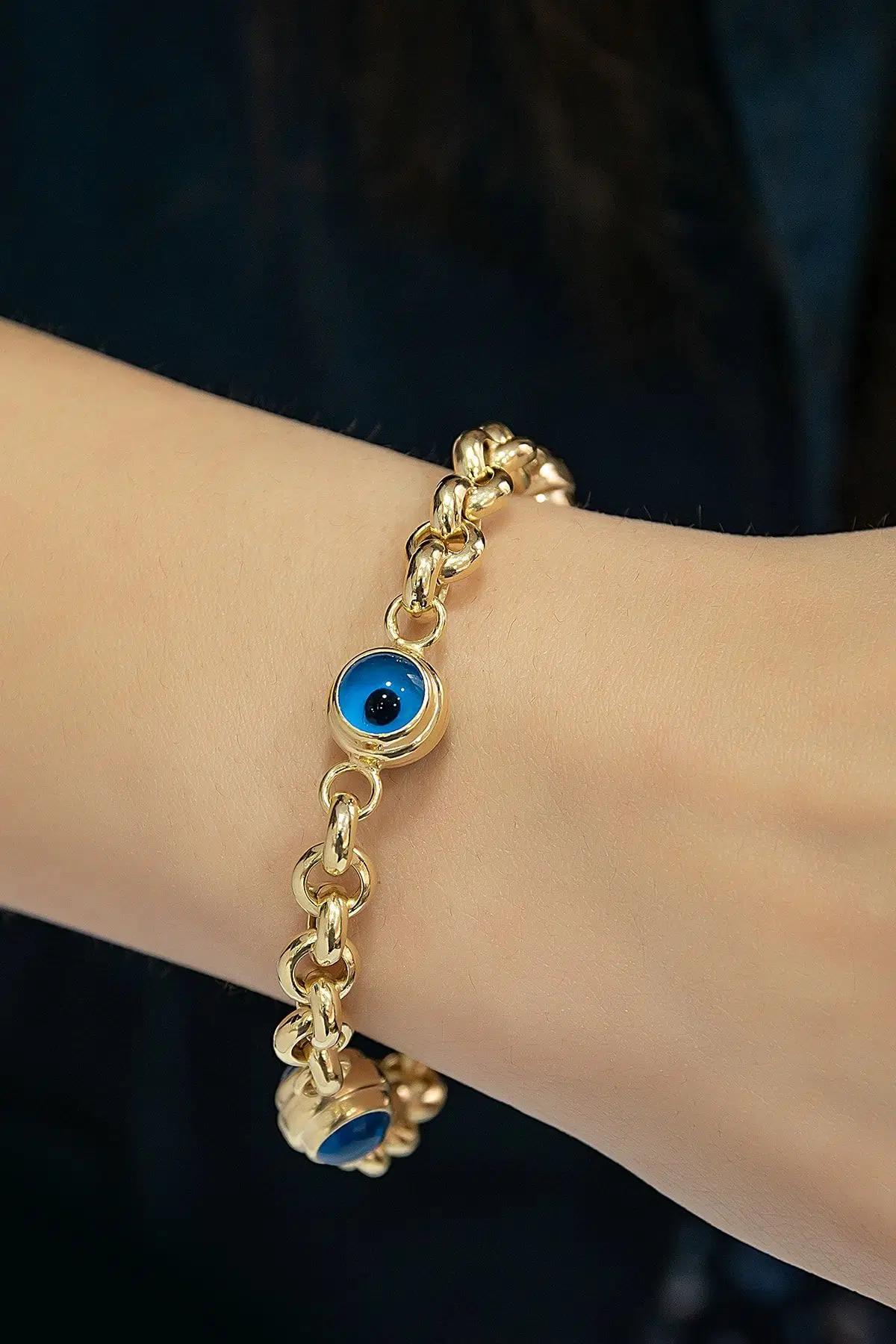Üç Nazar Gözlü Halloy Zincir Bileklik 14 Ayar Altın Kaplama 925 Ayar Gümüş - Uvps200093