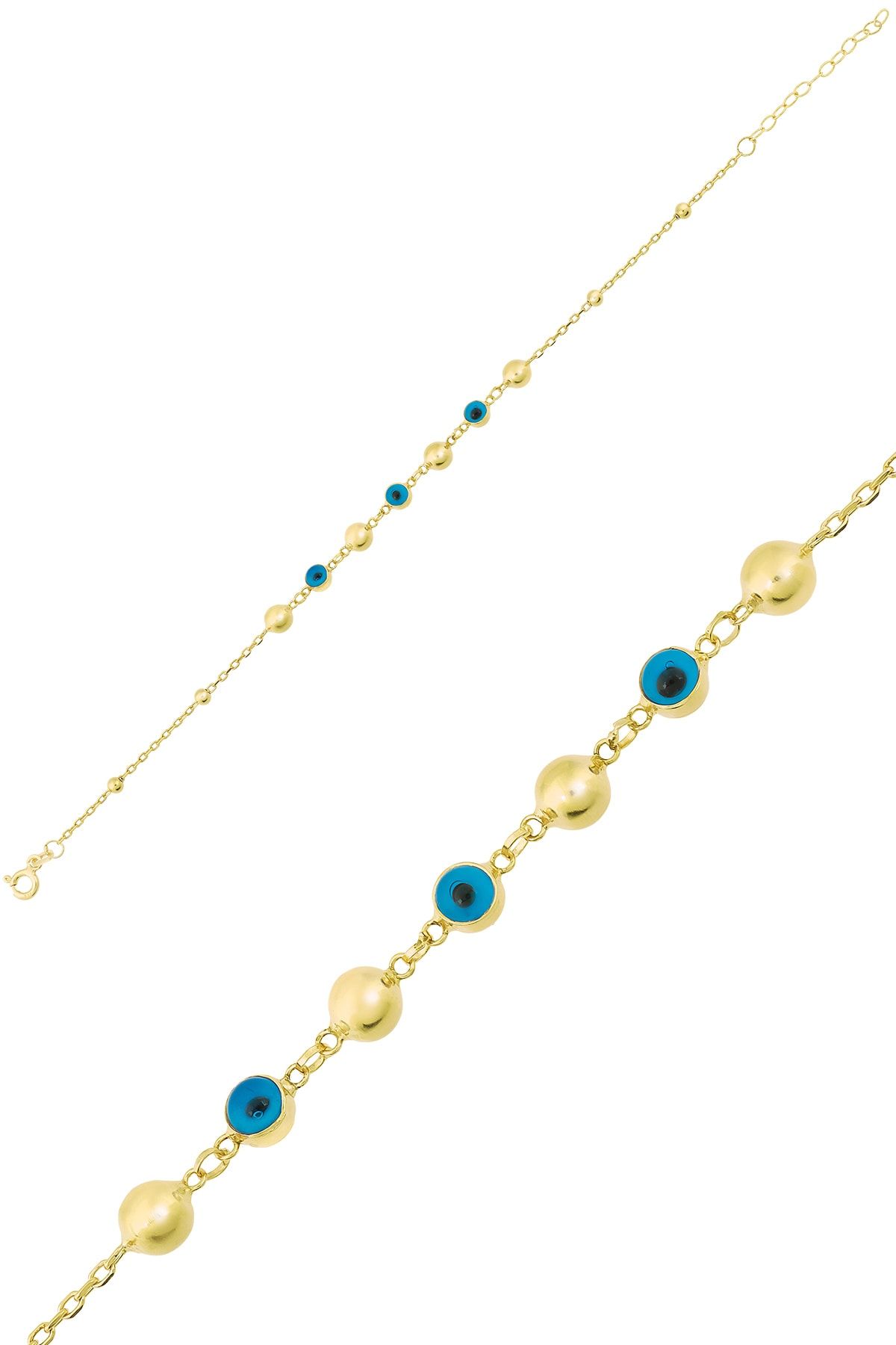 Üç Nazargözlü Dorica Toplu 14 Ayar Altın Kaplama 925 Ayar Gümüş Bileklik - Uvps200116