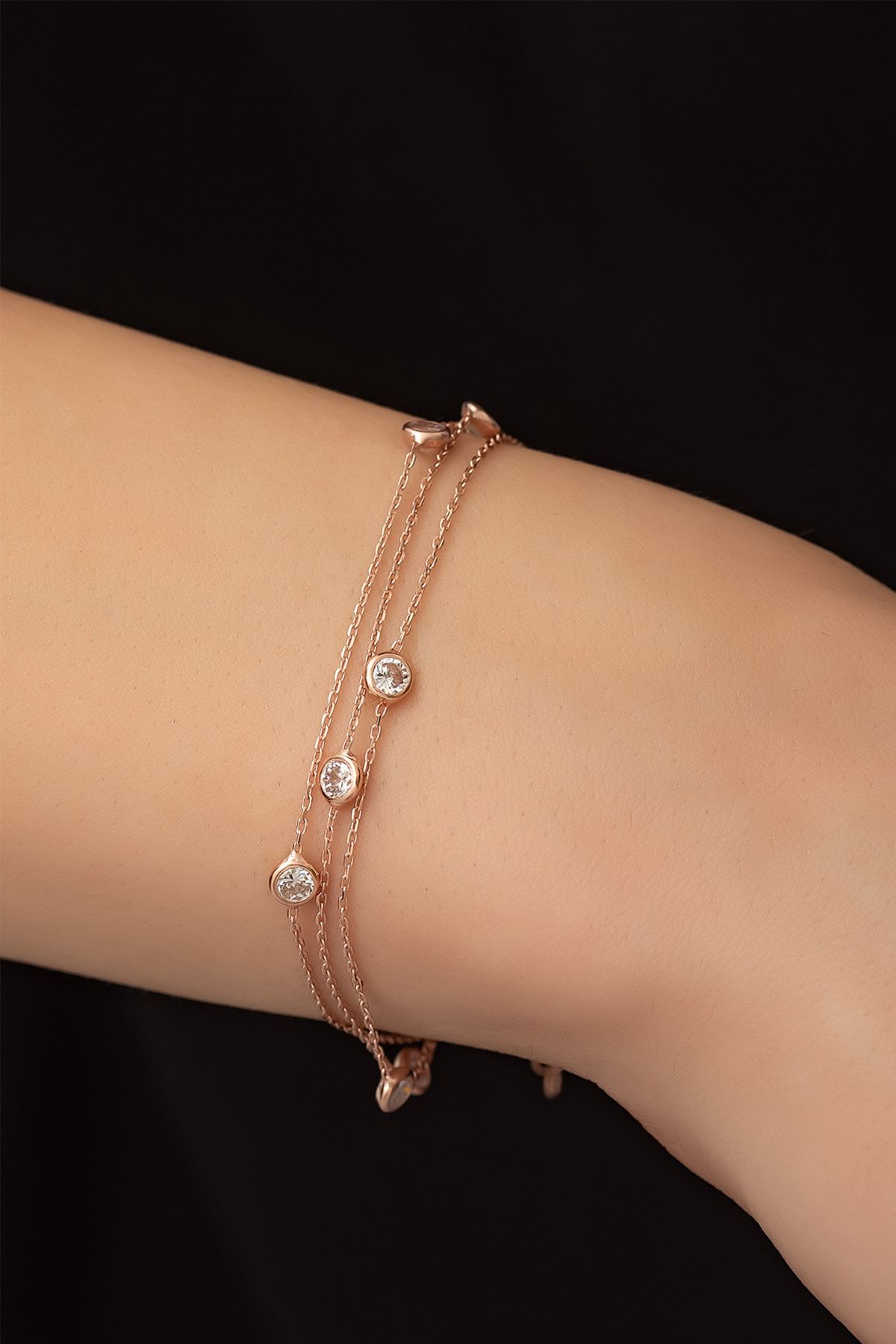 Üç Sıra Nano Zirkon Taşlı Tifany Bileklik Rose Altın Kaplama 925 Ayar Gümüş - Uvps200025