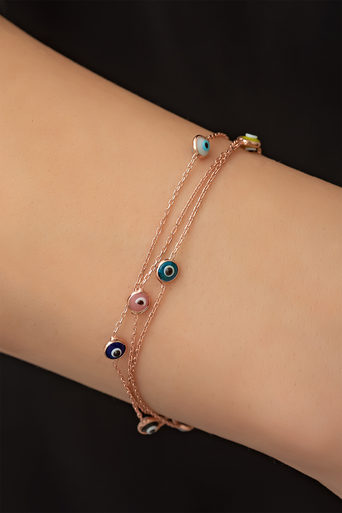 Üç Sıra Renkli Göz Taşlı Tifany Bileklik Rose Altın Kaplama 925 Ayar Gümüş - Uvps200026