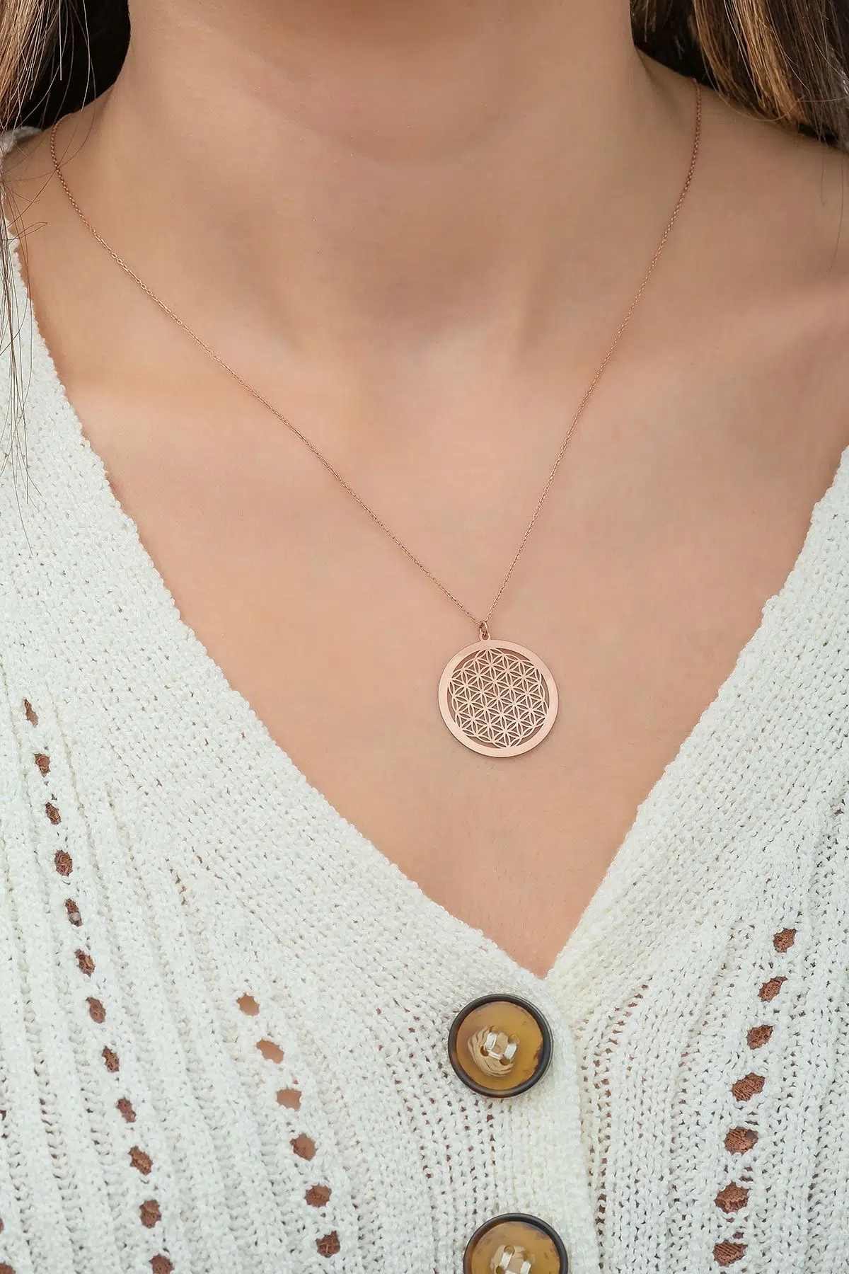 925 Ayar Papatya Silver Yaşam Çiçeği Kolye.rose.gold.rodaj