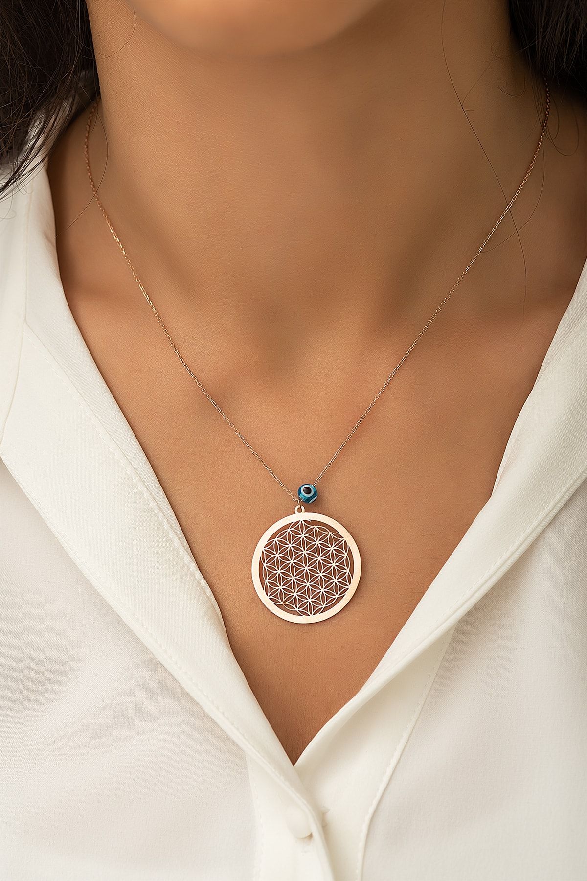 Yaşam Çiçeği Nazar Gözlü Rose Altın Kaplama 925 Ayar Gümüş Kolye - Uvps100112