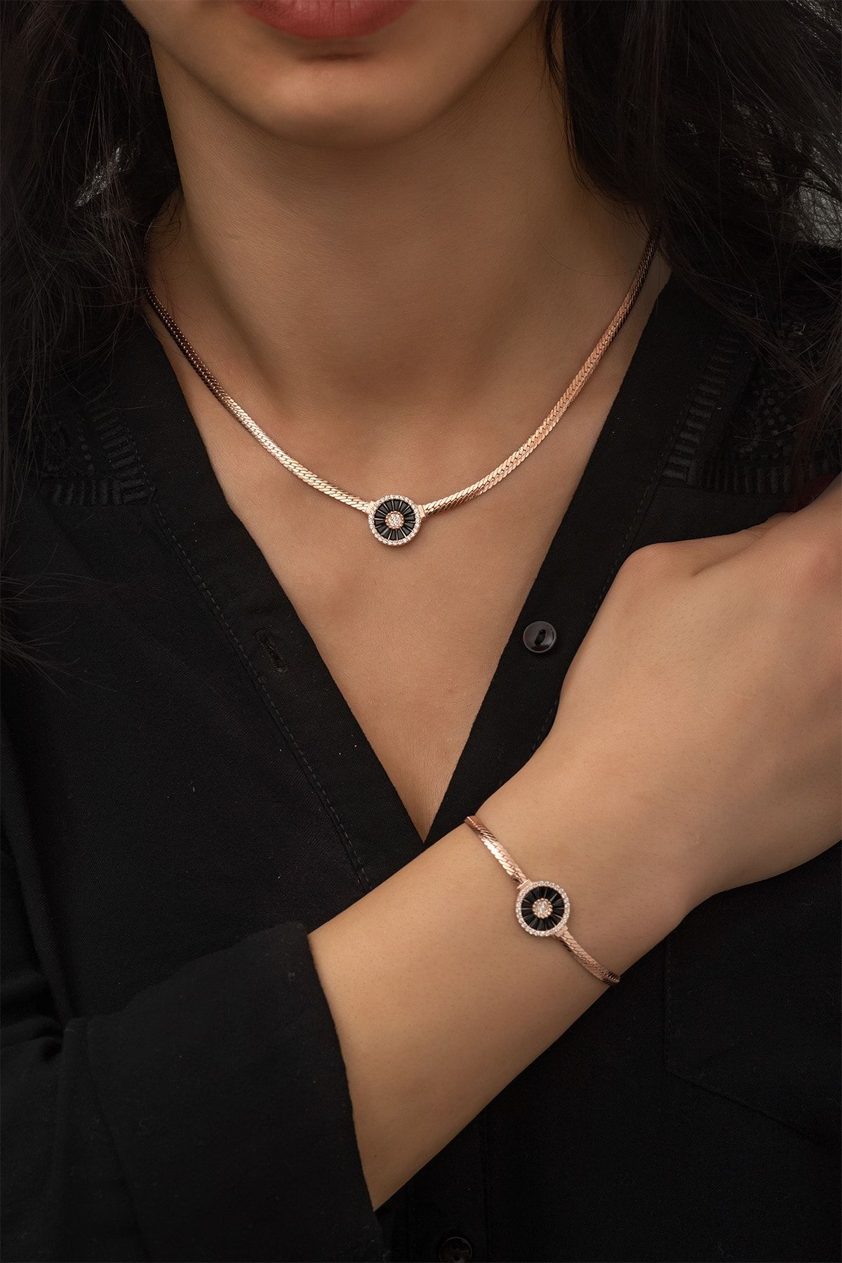 Yassı Zincir Kolye Bileklik İkili Trapez Taşlı Takım 925 Ayar Gümüş Set - UVPS600010